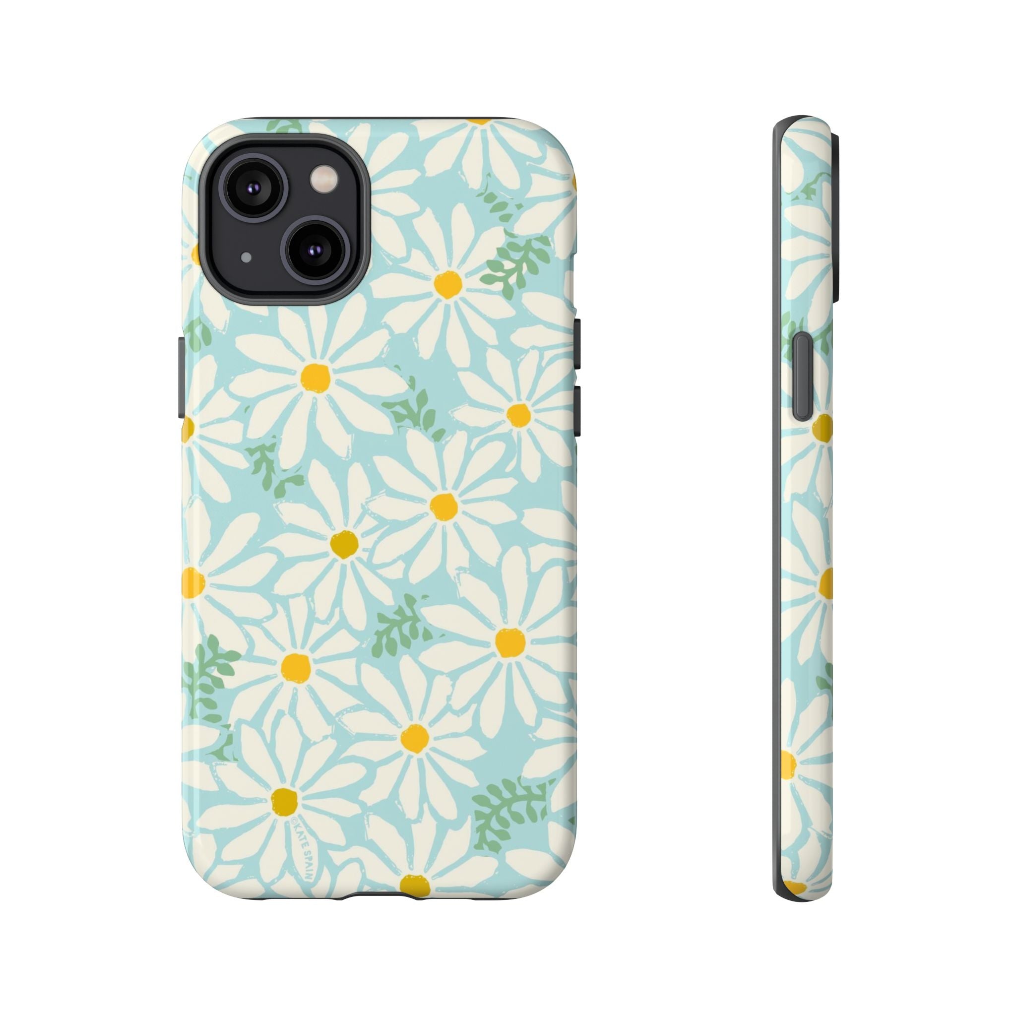 Daisies Tough iPhone 14 Plus Case – Glossy | mint, white, yellow botanical daisy floral print