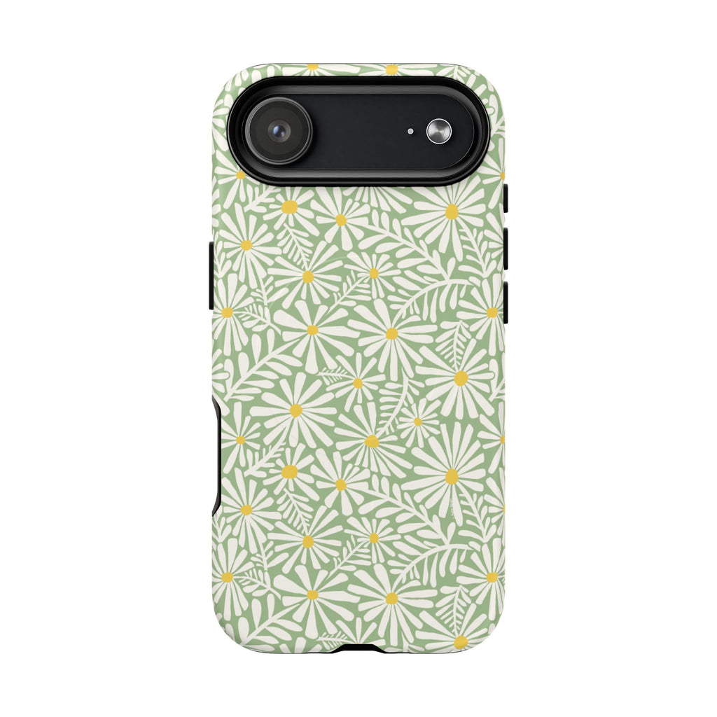 Montauk Daisy Meadow Green MagSafe iPhone 17 Air Case – Matte | sage green, white graphic daisy and fern print, golden yellow centers MagSafe compatible, dual-layer protection
