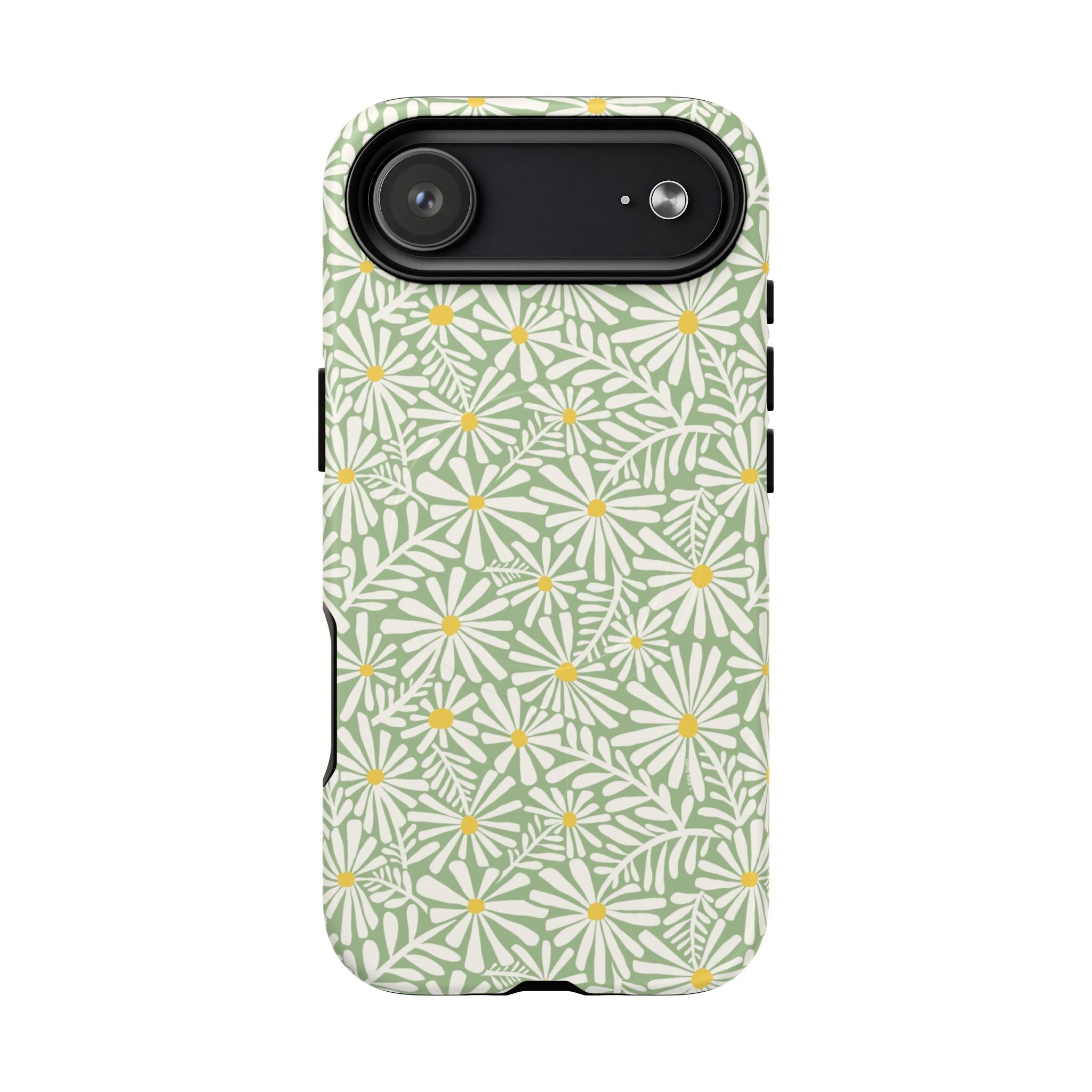Montauk Daisy Meadow Green MagSafe iPhone 17 Air Case – Matte | sage green, white graphic daisy and fern print, golden yellow centers MagSafe compatible, dual-layer protection