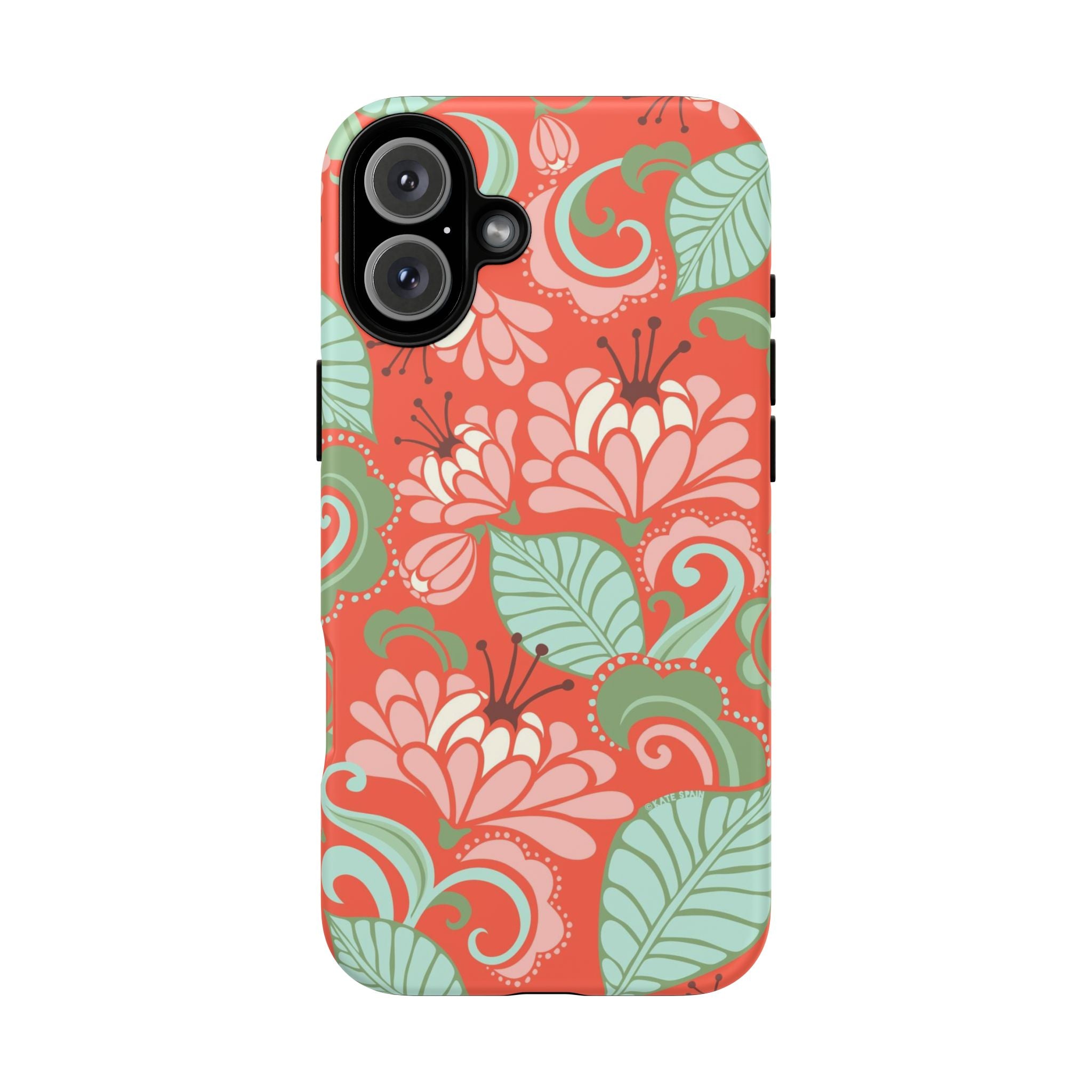 Sarabande Tough iPhone 16 Plus Case – Matte | coral, pink, cream, green botanical floral print
