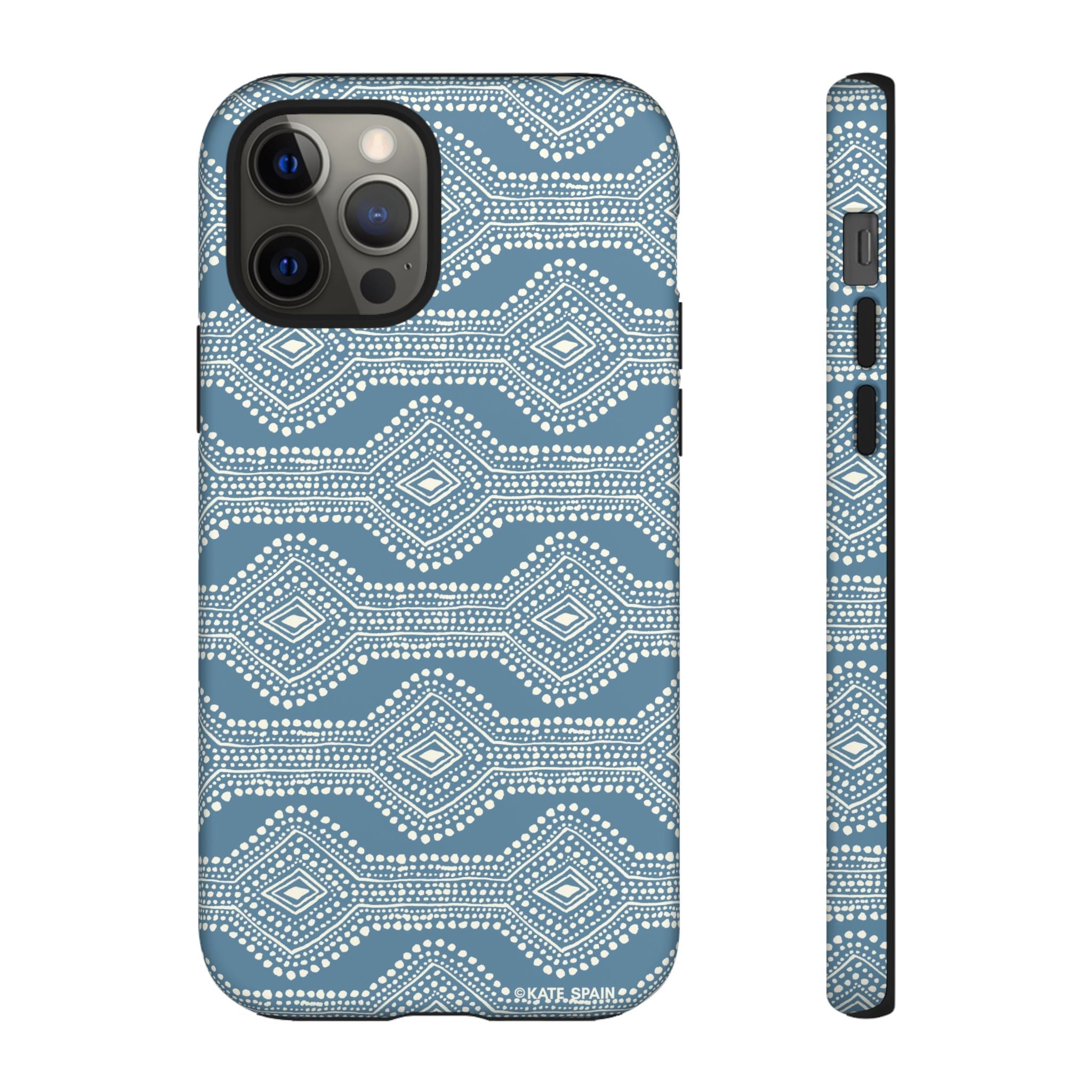 Diamond Dots Tough iPhone 12 Pro Case – Matte | steel blue, white diamond dot geometric print