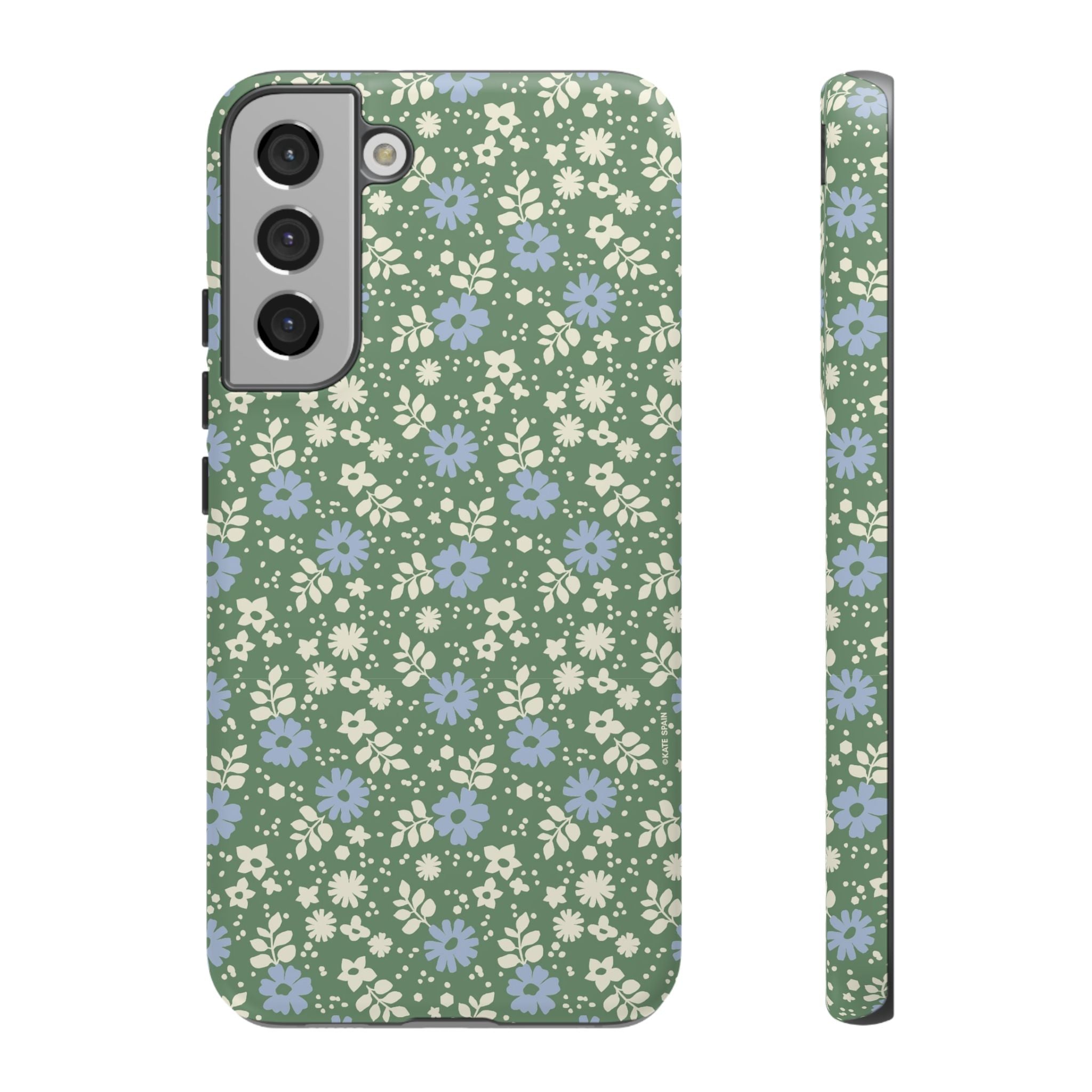 Cottage Core Cute Petaline Samsung Galaxy S22 Plus Case – Matte | green background with white and blue ditsy florals