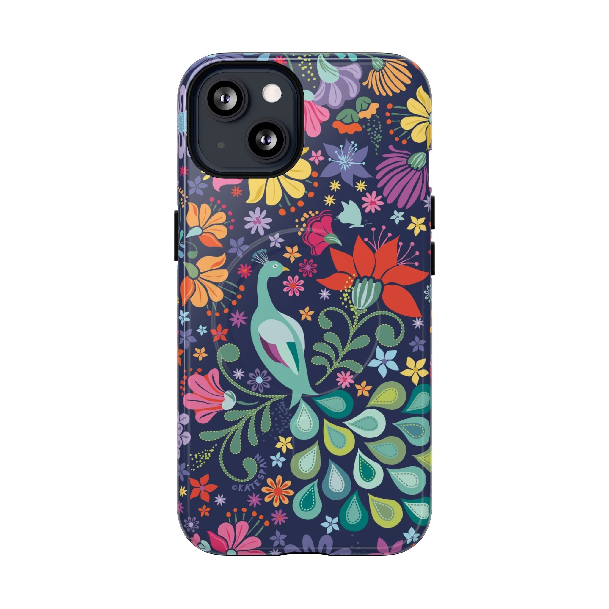 Peacock Sanctuary MagSafe iPhone 13 Case – Glossy | navy, teal, coral multicolor vibrant peacock feather botanical print
