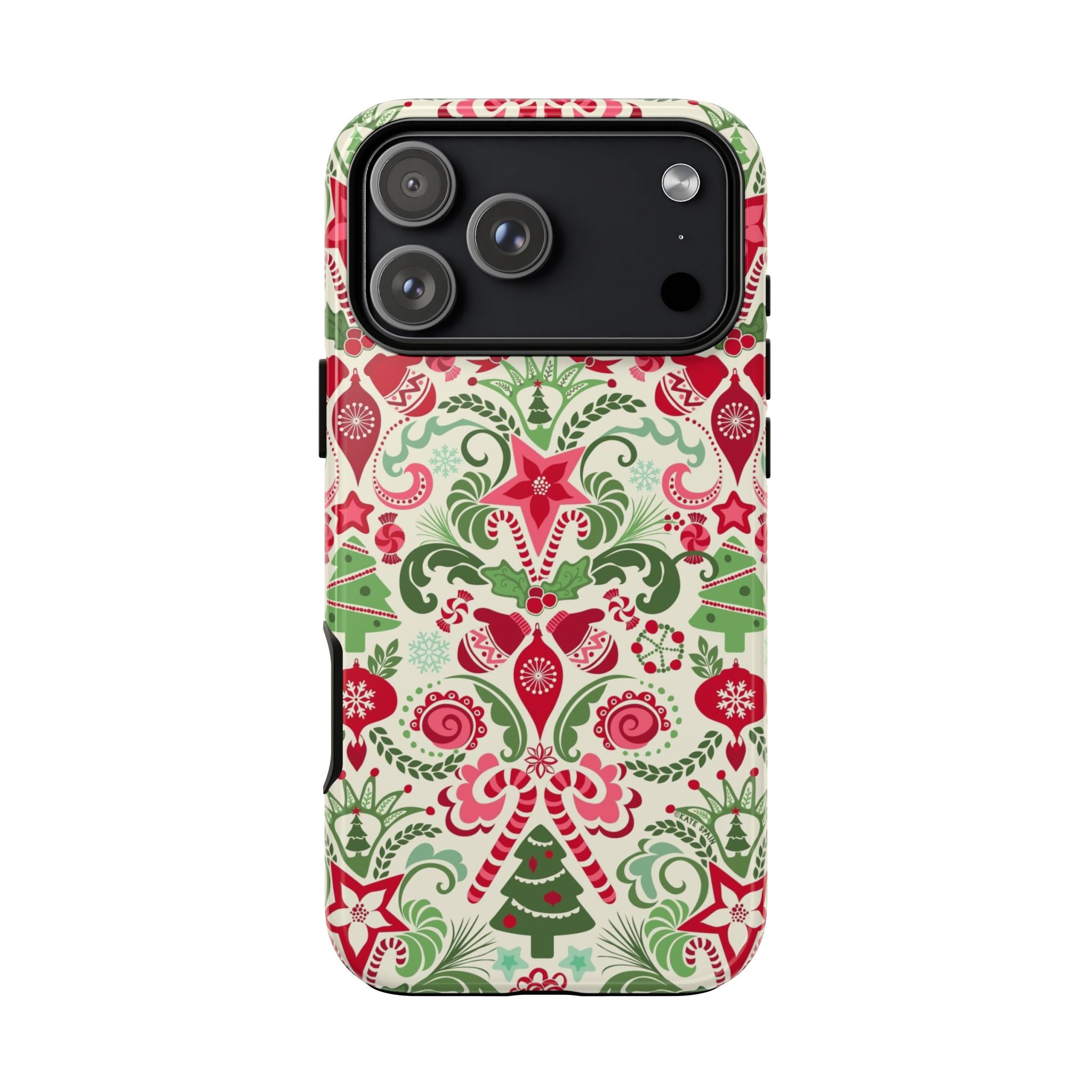 Wonderland Tough iPhone 17 Pro Max Case – Glossy | cream, red, green Christmas ornament damask print