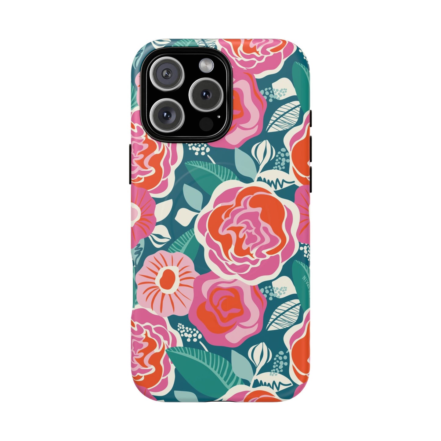 Floral phone case with pink, orange, and blue flowers on a teal background