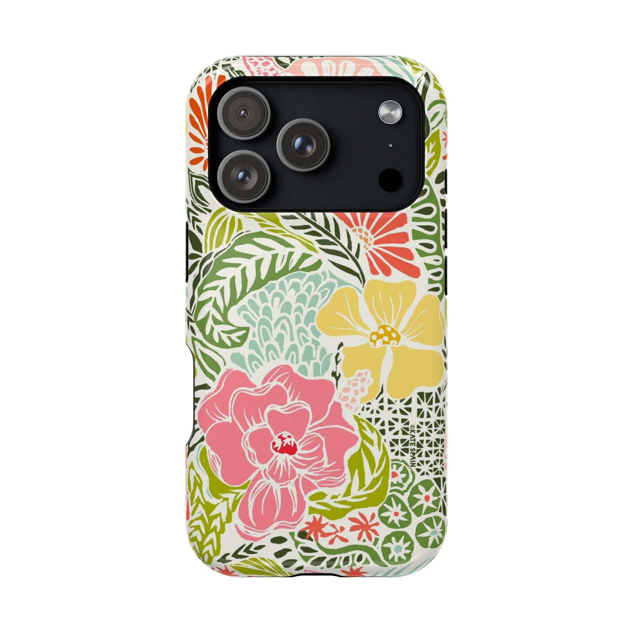 Tropica MagSafe iPhone 17 Pro Case – Glossy | cream, pink, yellow, blue botanical floral print MagSafe compatible, dual-layer protection