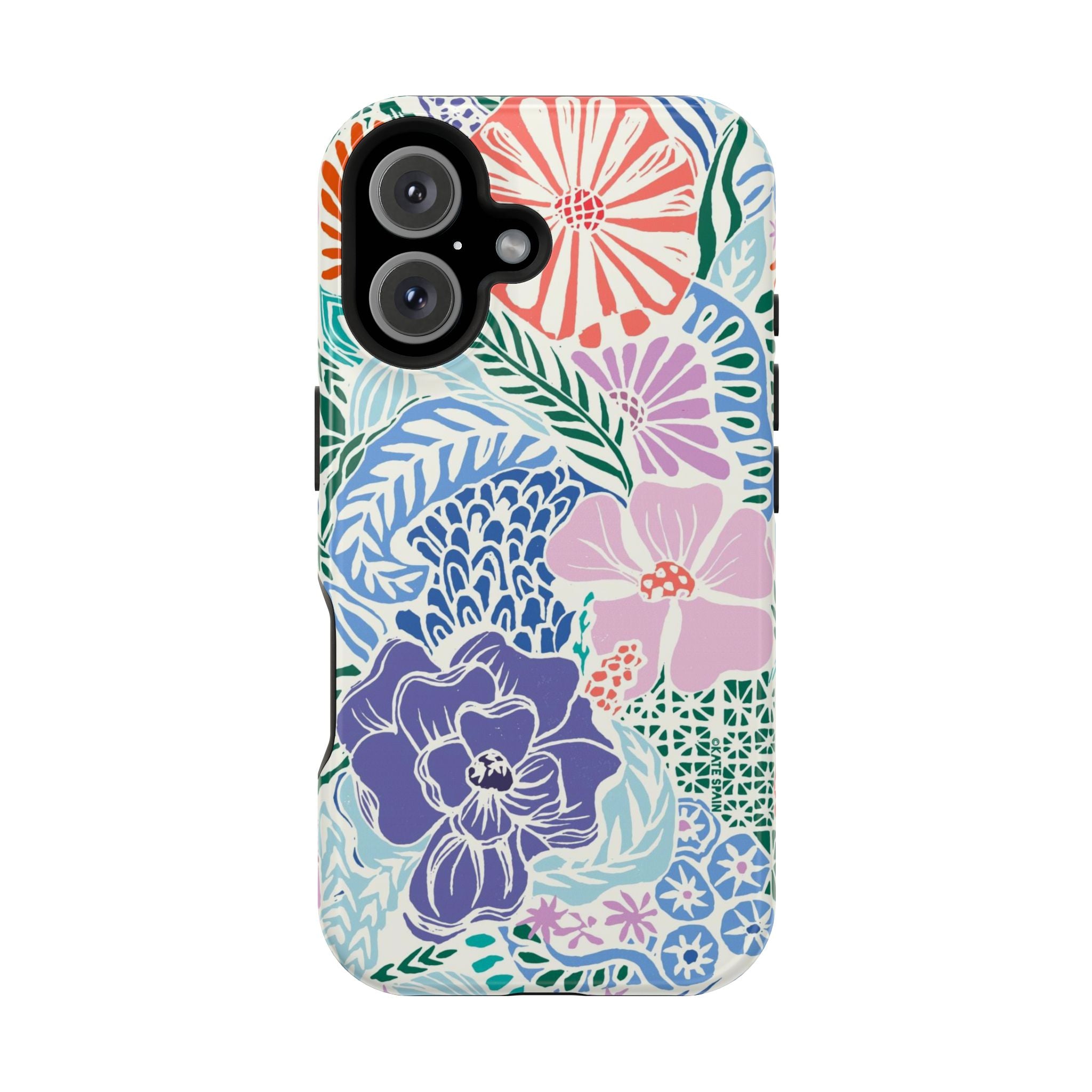 Tropica MagSafe iPhone 16 Case – Glossy | purple, coral, pink, blue botanical tropical floral print MagSafe compatible, dual-layer protection