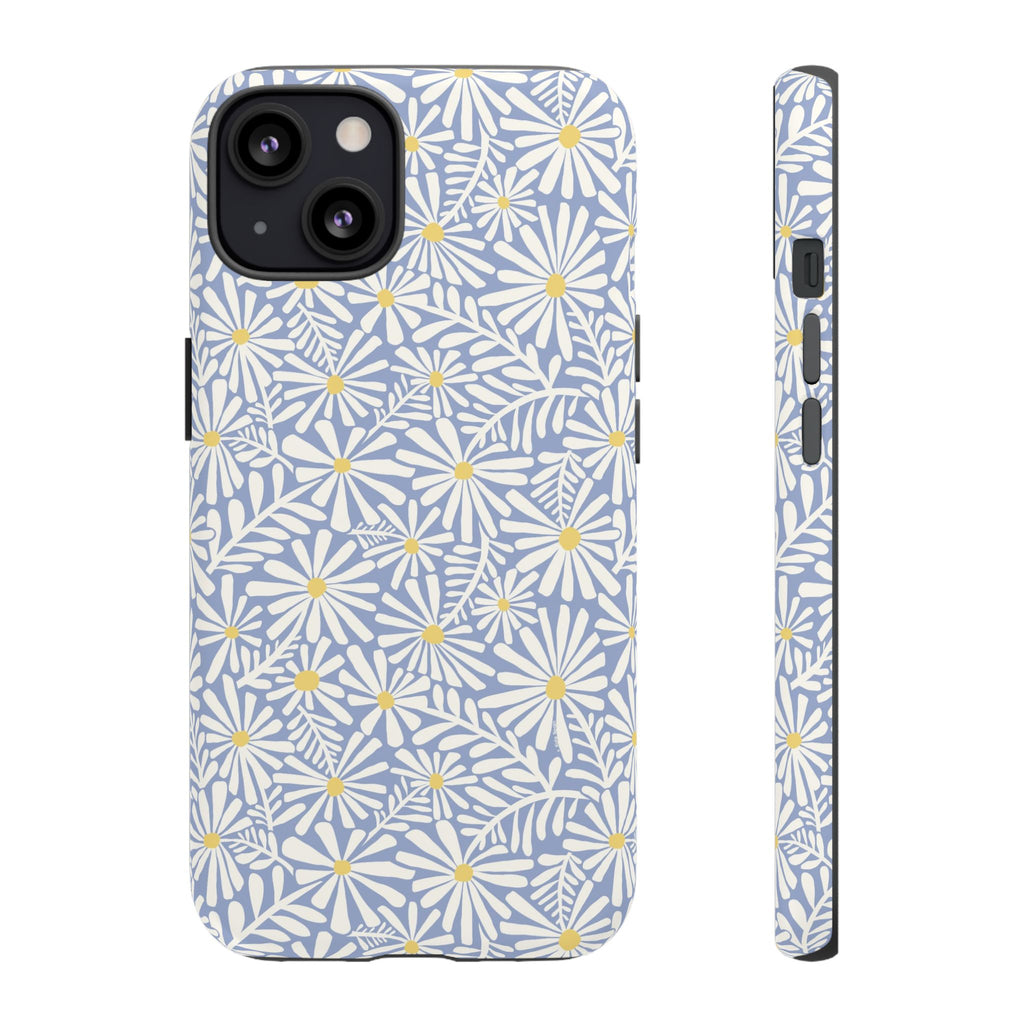Montauk Daisy Cottage Blue iPhone 13 Case – Matte | periwinkle blue, white graphic daisy and fern print, golden yellow centers | dual-layer protection
