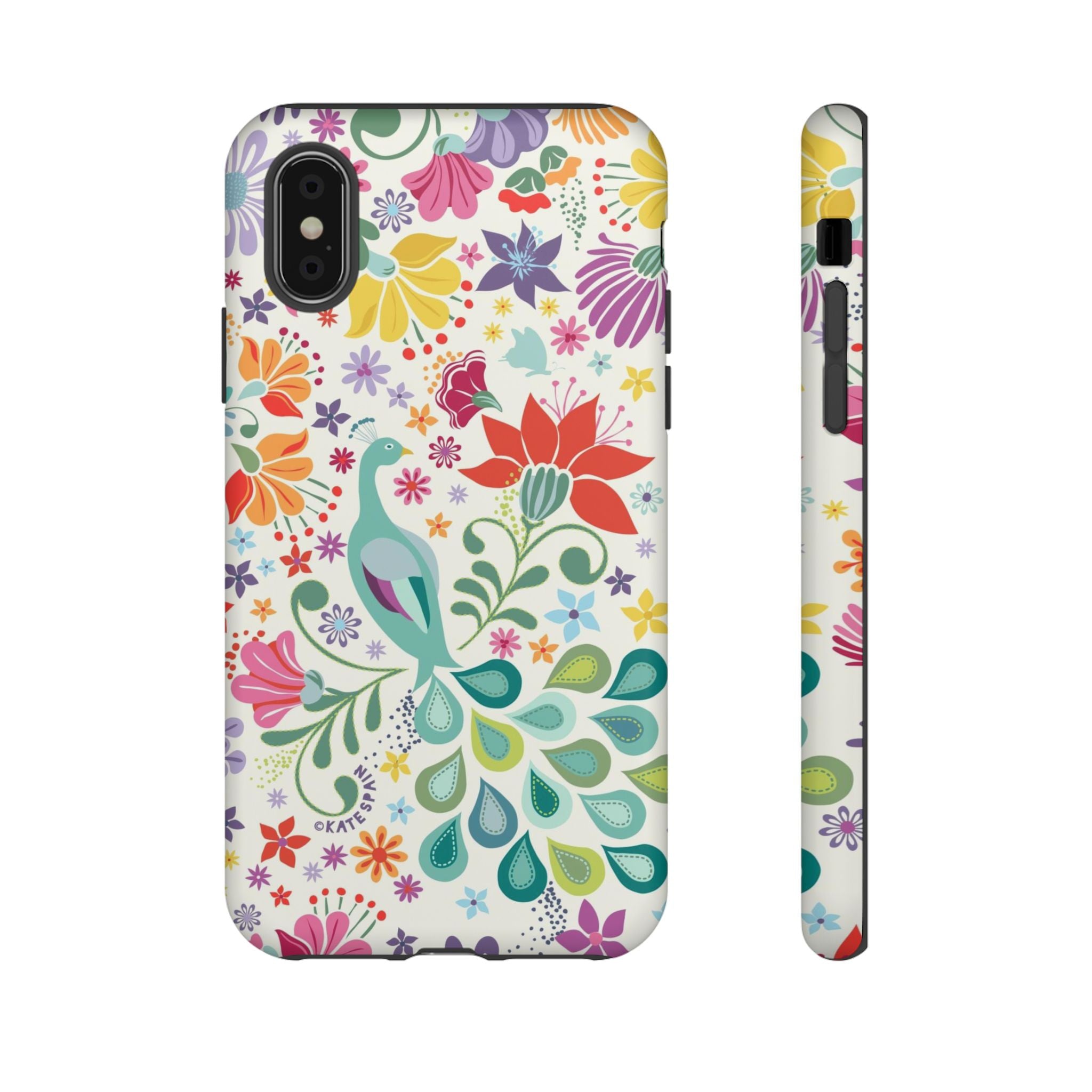 Peacock Sanctuary Tough iPhone X Case – Matte | white, teal, coral multicolor vibrant peacock feather botanical print