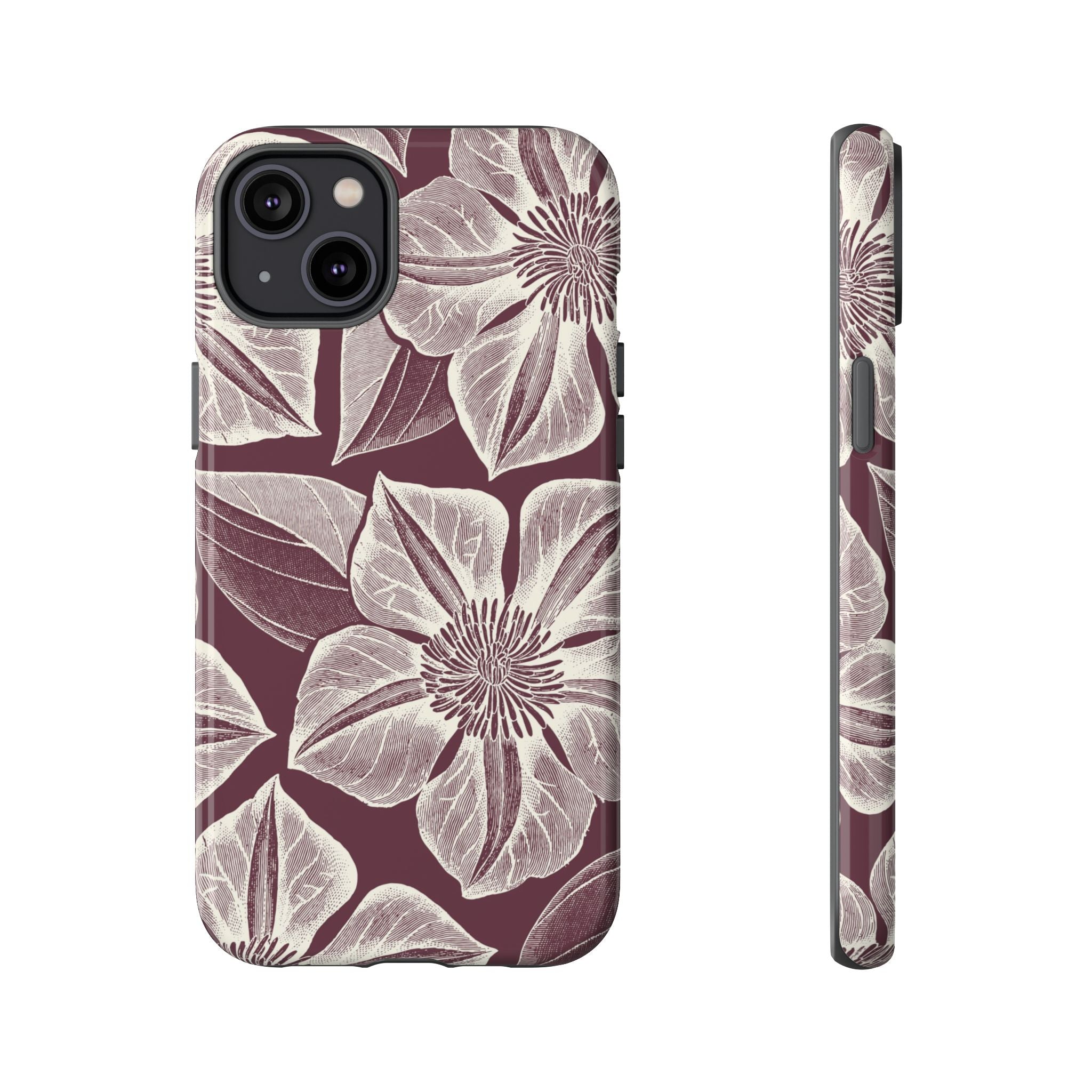 Vintage Bloom Burgundy iPhone 14 Plus case – Glossy | burgundy ground, large-scale cream clematis print, engraved petal detail, dual-layer protection