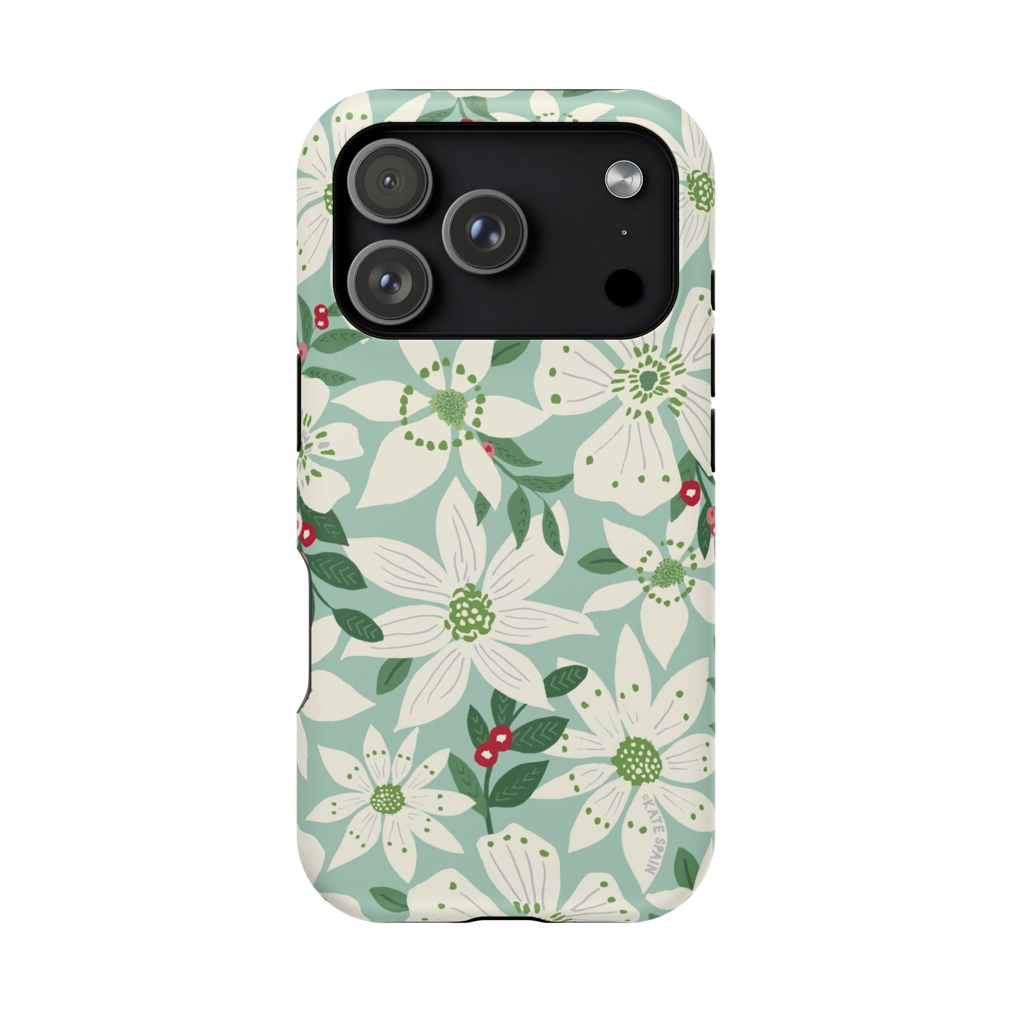 Gardenia MagSafe iPhone 17 Pro Case – Matte | light blue, white, green, red gardenia botanical print MagSafe compatible, dual-layer protection