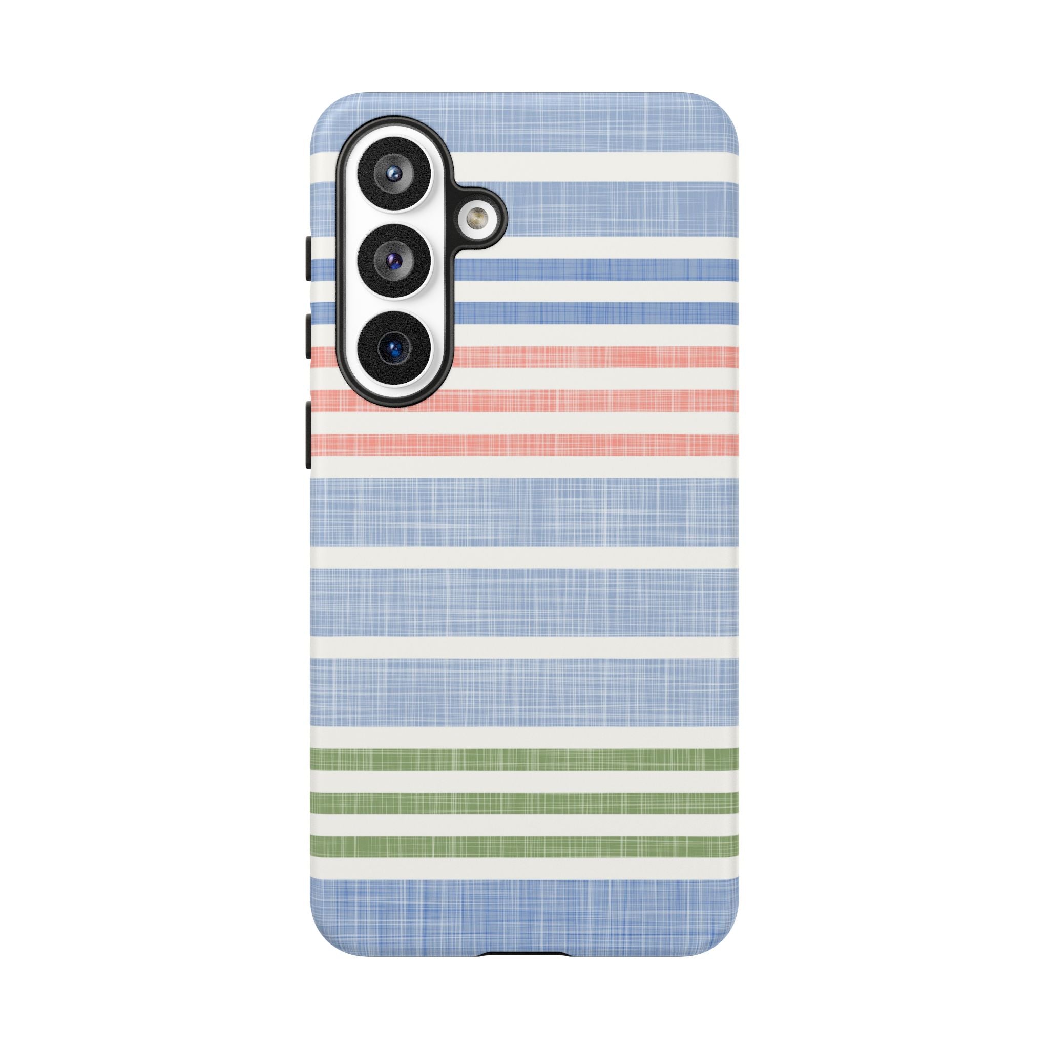 Cabana Stripe Pastel Samsung Galaxy S26 Plus Case – Matte | soft blue, coral, sage green chambray-textured stripe print dual-layer protection