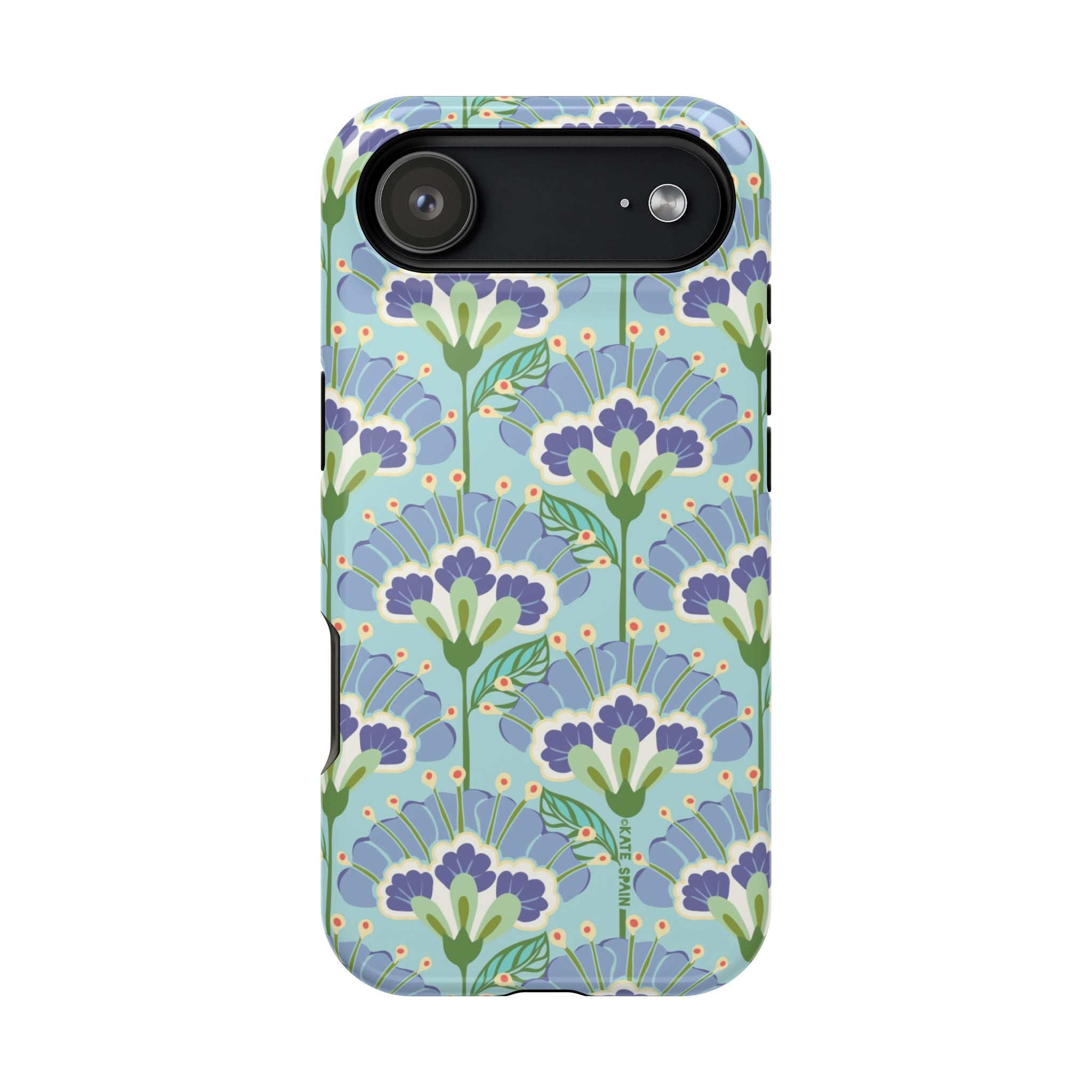 Lantern Flower MagSafe iPhone 17 Air Case – Glossy | aqua, periwinkle, green botanical lantern floral print MagSafe compatible, dual-layer protection