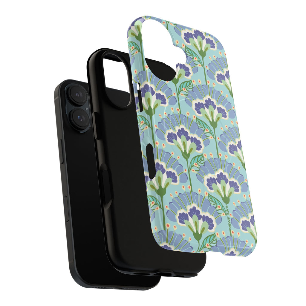 Lantern Flower MagSafe iPhone 17 Case – Dual-layered view of case and inner lining in front of phone, with view of camera cutout and buttons | aqua, periwinkle, green botanical lantern floral print