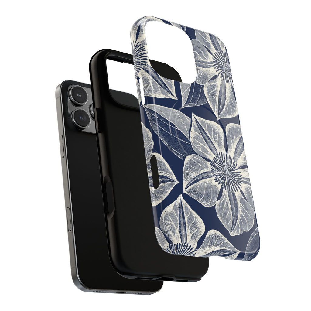 Vintage Bloom Navy MagSafe iPhone 17 Case – Glossy | navy ground, large-scale white clematis print, engraved petal detail | dual-layered view of case and inner lining in front of phone, with view of camera cutout and buttons