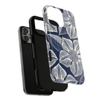 Vintage Bloom Navy MagSafe iPhone 17 Case – Glossy | navy ground, large-scale white clematis print, engraved petal detail | dual-layered view of case and inner lining in front of phone, with view of camera cutout and buttons