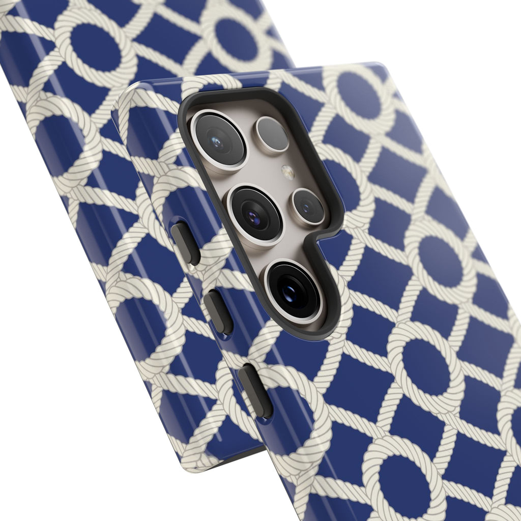 Luxury Sailor's Knot Samsung Galaxy S24 Ultra Case – Glossy | close-up of 5 camera lenses in case in navy, cream nautical rope knot lattice print
