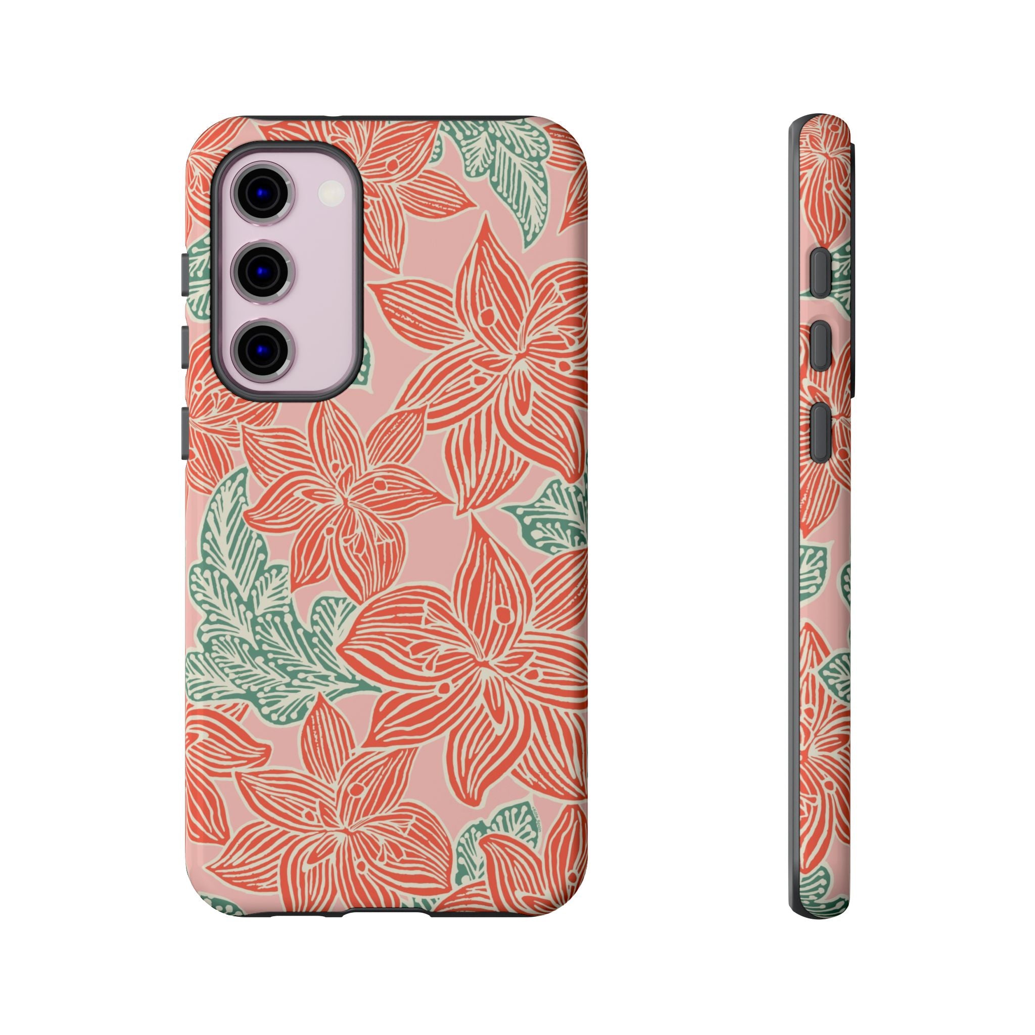 Hibiscus Coral Samsung Galaxy S23 Plus Glossy Case — blush pink hard case with large-scale coral red hibiscus flowers and teal-green leaves in a bold botanical linework print, densely layered across the surface