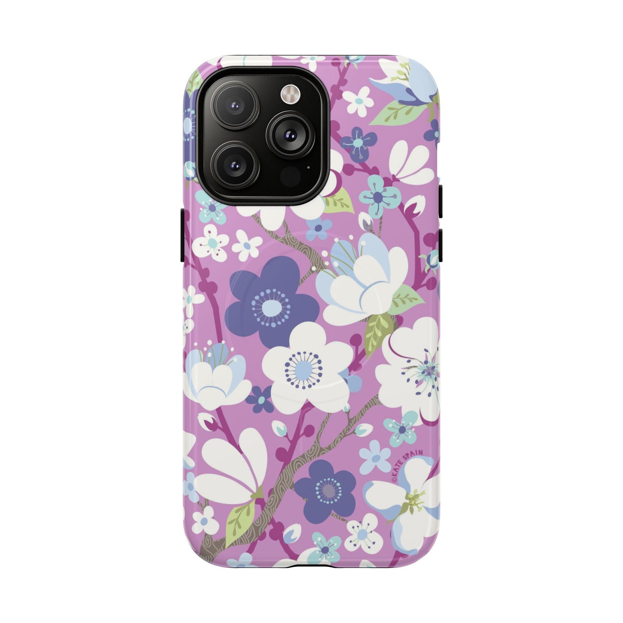 Purple Cherry Blossom MagSafe iPhone 14 Pro Max Case – Glossy | mauve, purple, blue, white cherry blossom print