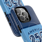 Sea to Shining Sea MagSafe iPhone 16 Pro Max Case – side angle close-up of buttons and camera | navy, sky blue, red, white American stars & stripes 250th anniversary print