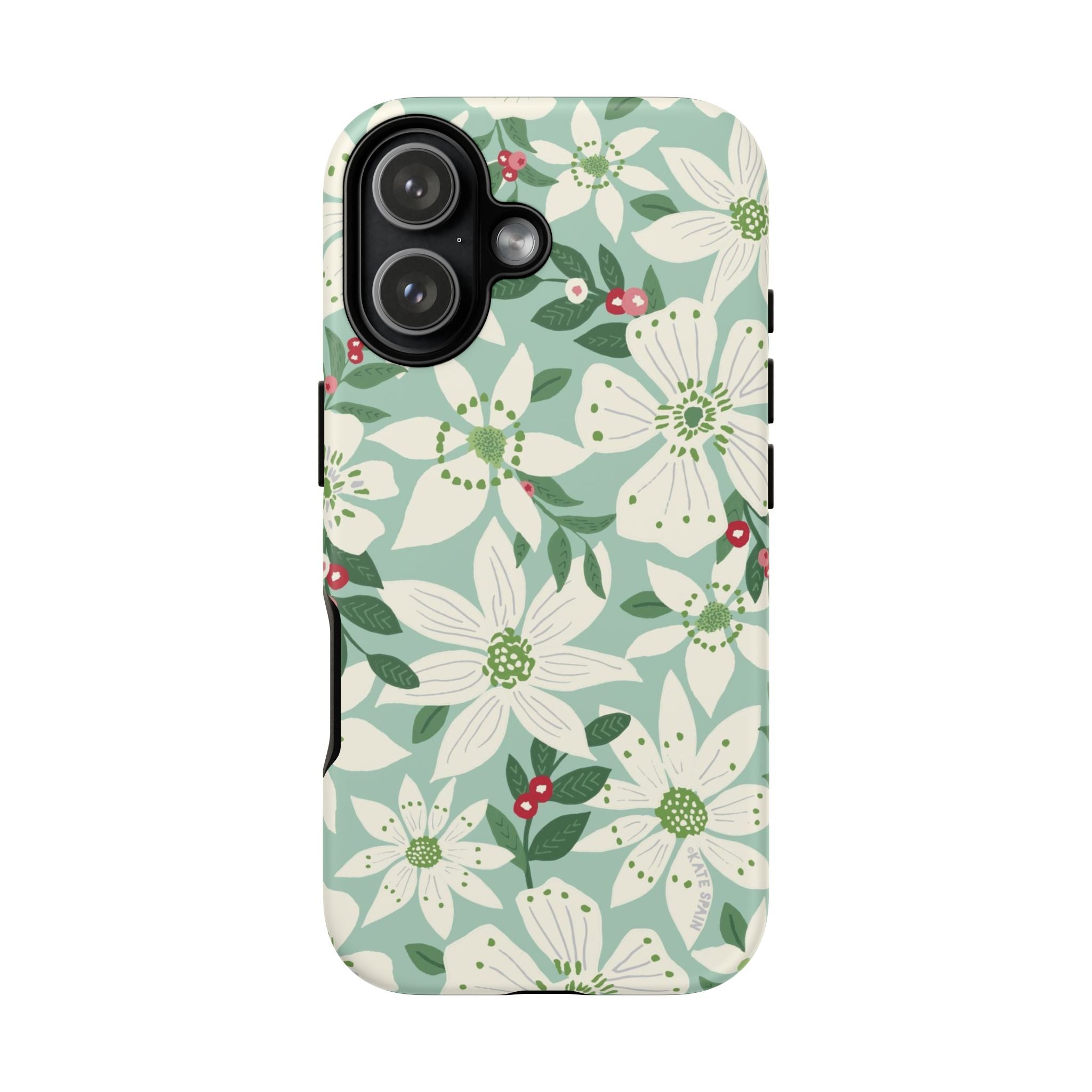 Gardenia Tough iPhone 17 Case – Matte | light blue, white, green, red gardenia botanical print