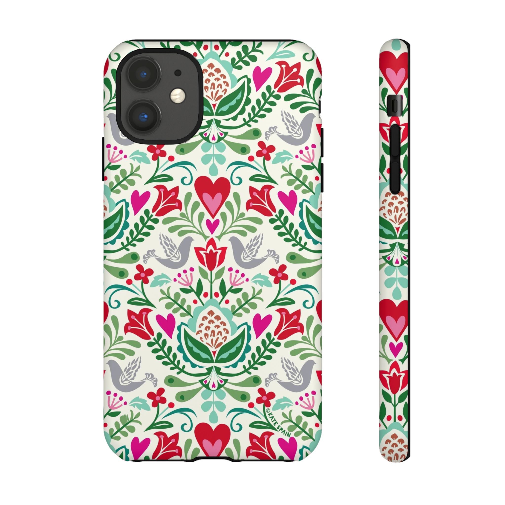 Rosemaling Tough iPhone 11 Case – Matte | cream, red, pink, green, gray folk art floral bird print