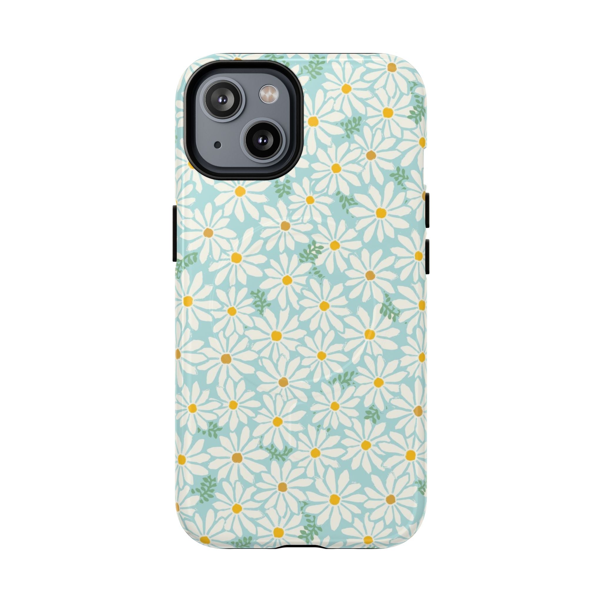 Daisies MagSafe iPhone 14 Case – Glossy | sky blue, white daisy print, golden yellow centers, mint green leaves MagSafe compatible, dual-layer protection