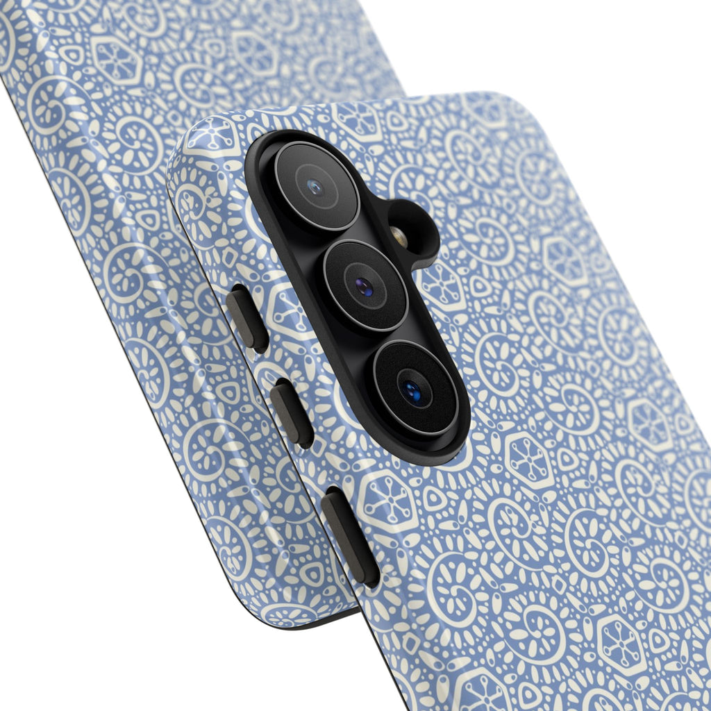 Canto Swirls Mist Samsung Galaxy S26 Case — angled view showing slim profile; periwinkle blue folk-art medallion pattern