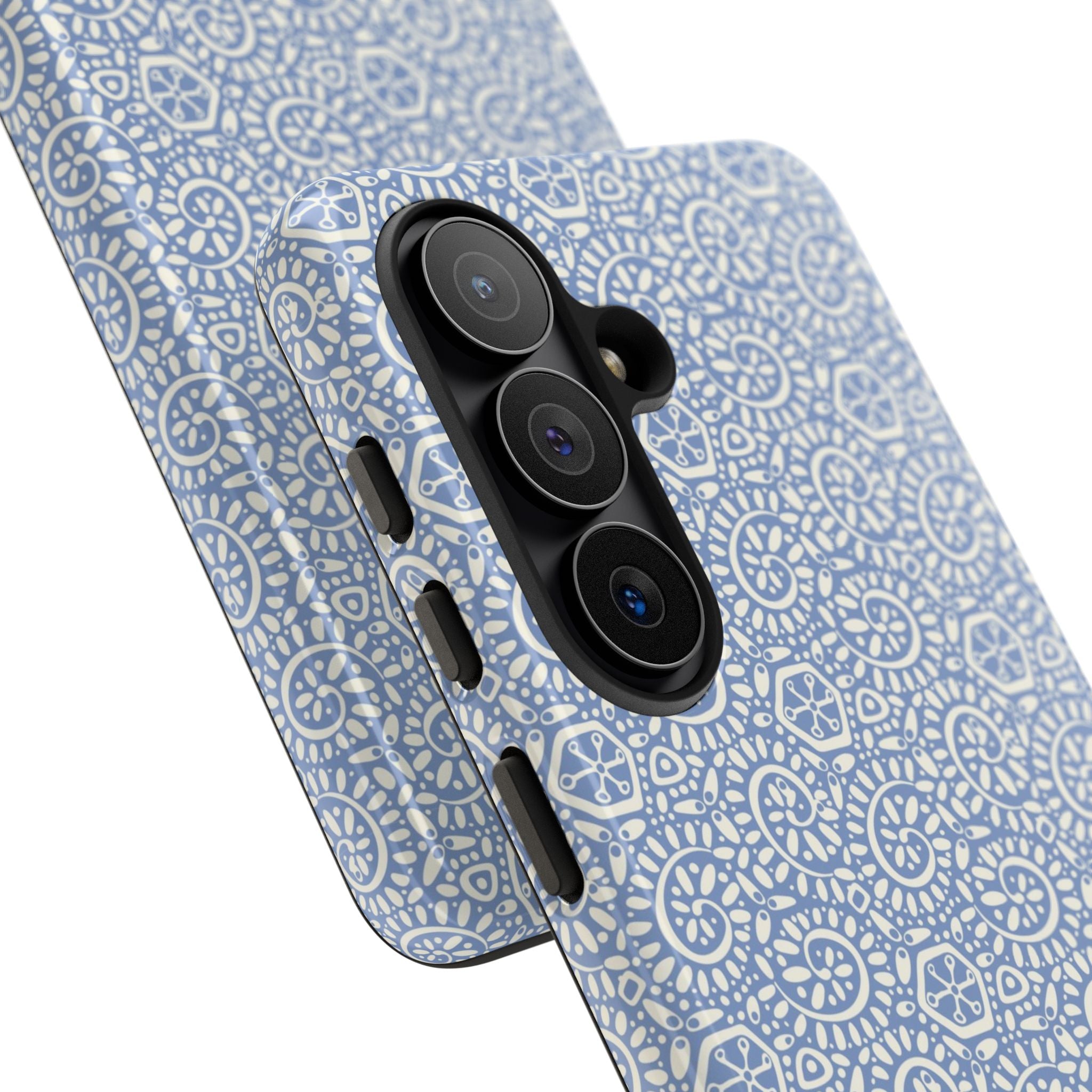 Canto Swirls Mist Samsung Galaxy S26 Case — angled view showing slim profile; periwinkle blue folk-art medallion pattern