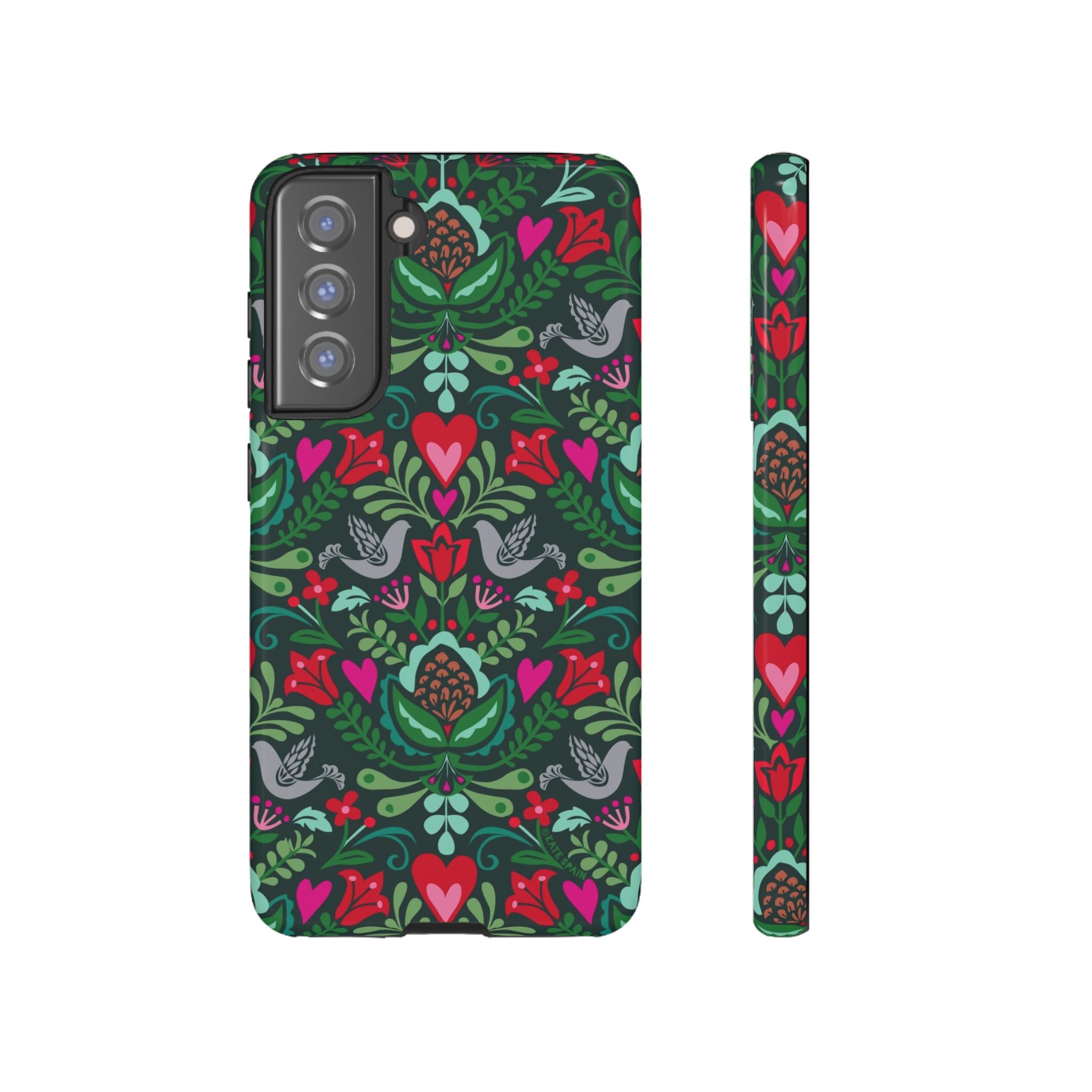 Rosemaling Samsung Galaxy S21 FE Case – Glossy | forest green, red, pink rosemaling floral print