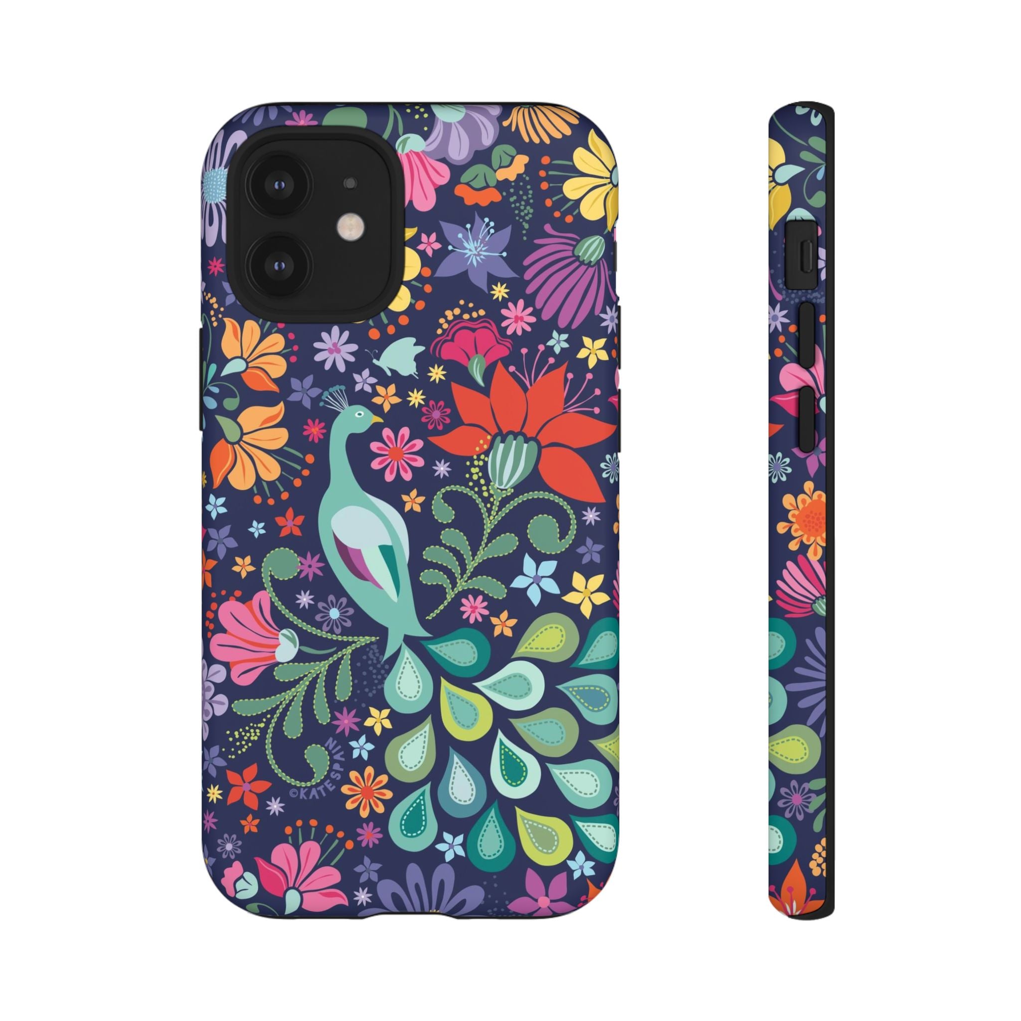 Peacock Sanctuary Tough iPhone 12 Mini Case – Matte | navy, teal, coral multicolor vibrant peacock feather botanical print