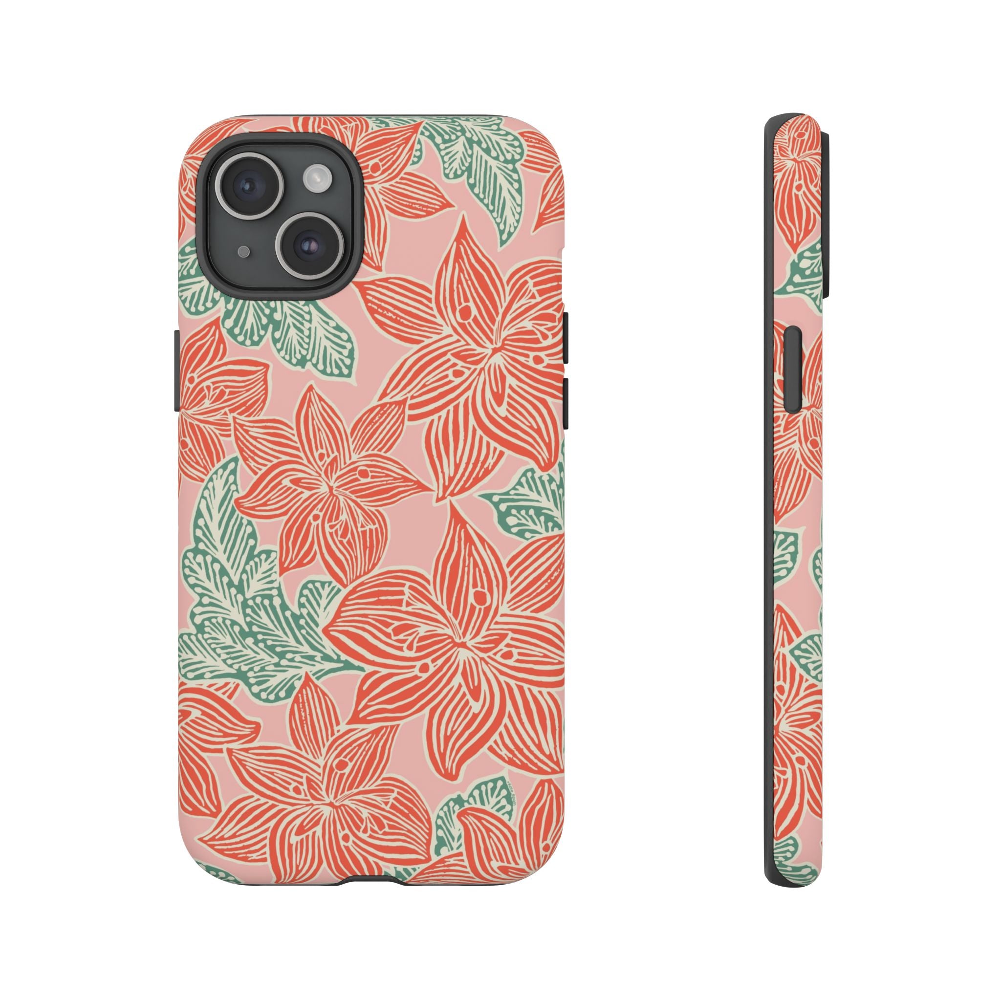 Hibiscus Coral iPhone 15 Plus Matte Case — blush pink hard case with large-scale coral red hibiscus flowers and teal-green leaves in a bold botanical linework print, densely layered across the surface