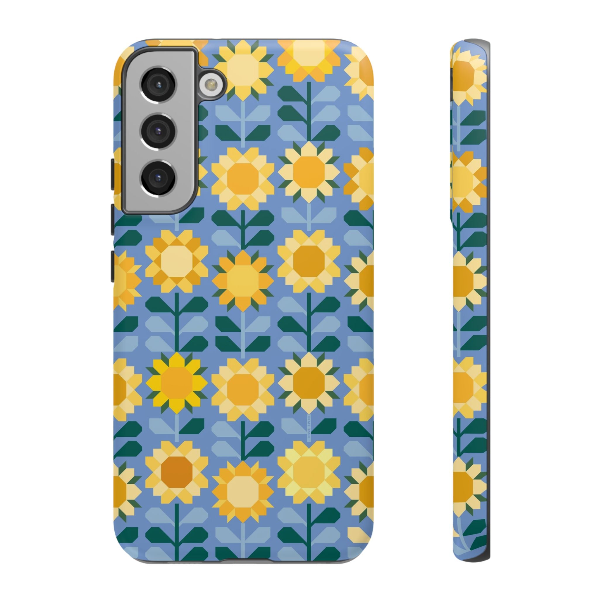 Luxury Sunflowers Samsung Galaxy S22 Plus Case – Matte | blue, yellow, gold geometric sunflower print 