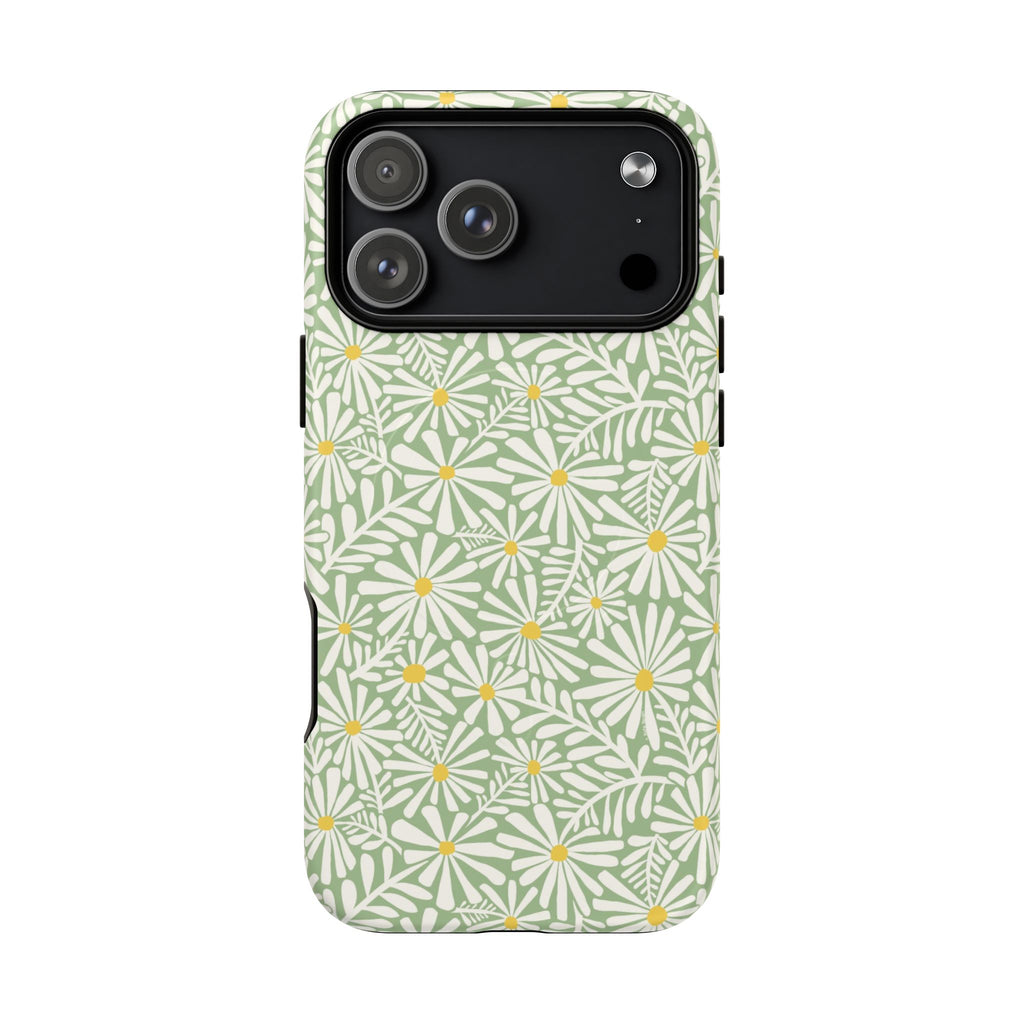 Montauk Daisy Meadow Green MagSafe iPhone 17 Pro Max Case – Matte | sage green, white graphic daisy and fern print, golden yellow centers MagSafe compatible, dual-layer protection