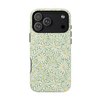 Montauk Daisy Meadow Green MagSafe iPhone 17 Pro Max Case – Matte | sage green, white graphic daisy and fern print, golden yellow centers MagSafe compatible, dual-layer protection