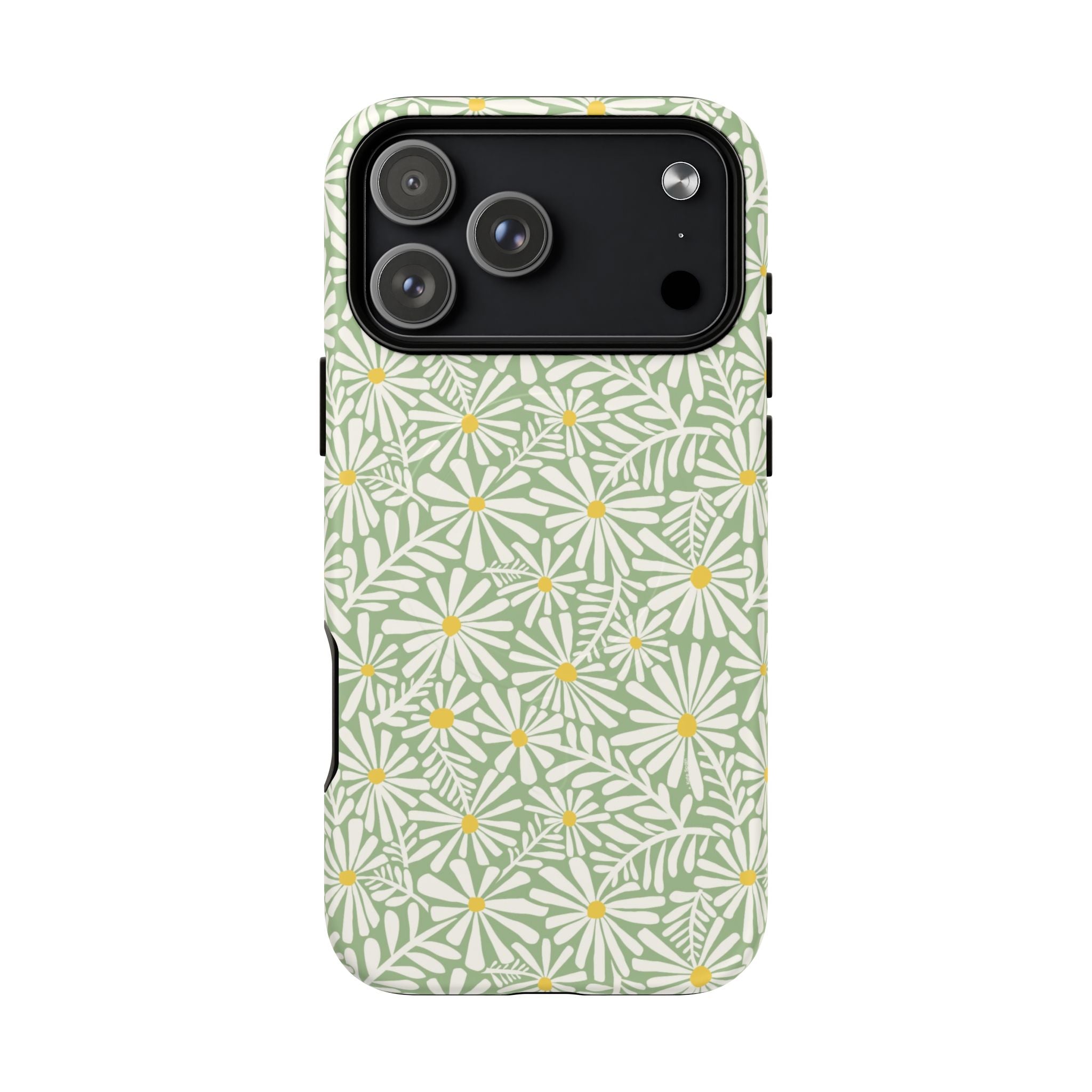 Montauk Daisy Meadow Green MagSafe iPhone 17 Pro Max Case – Matte | sage green, white graphic daisy and fern print, golden yellow centers MagSafe compatible, dual-layer protection