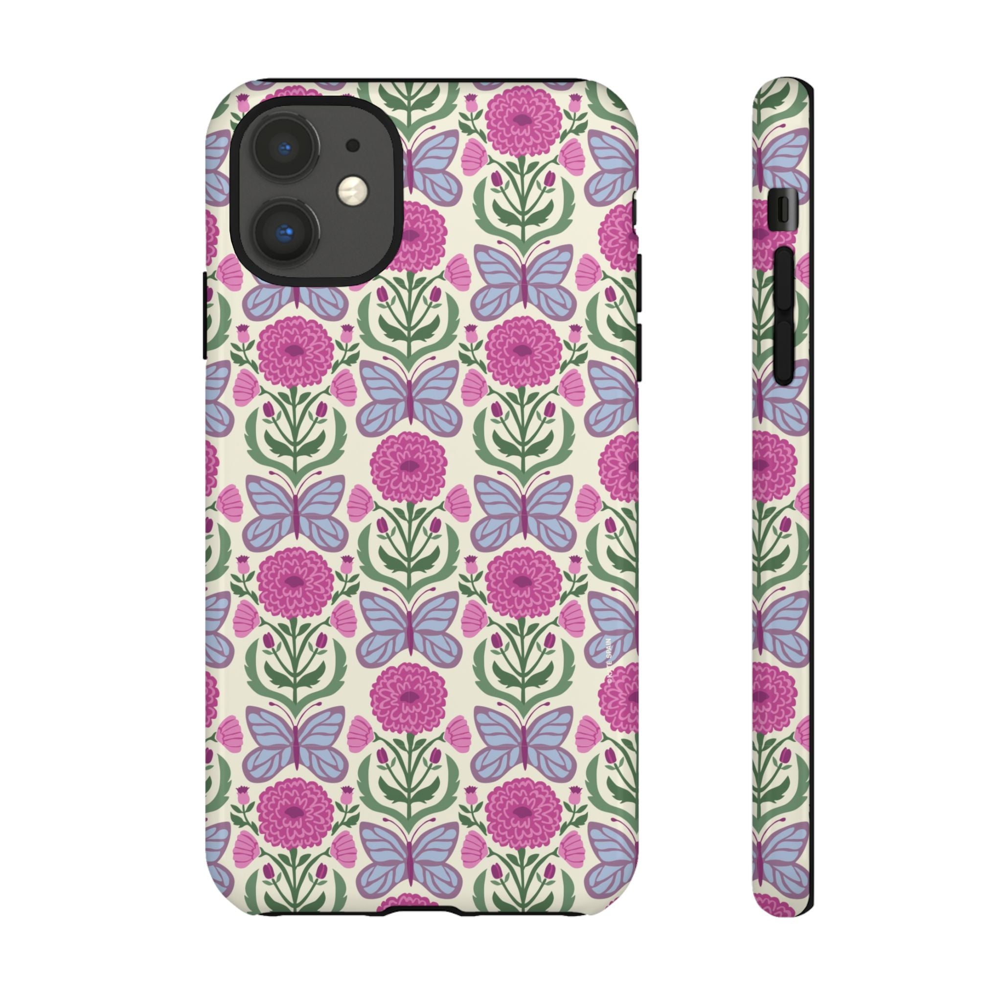 Butterfly Tough iPhone 11 Case – Glossy | cream, magenta, periwinkle butterfly floral print