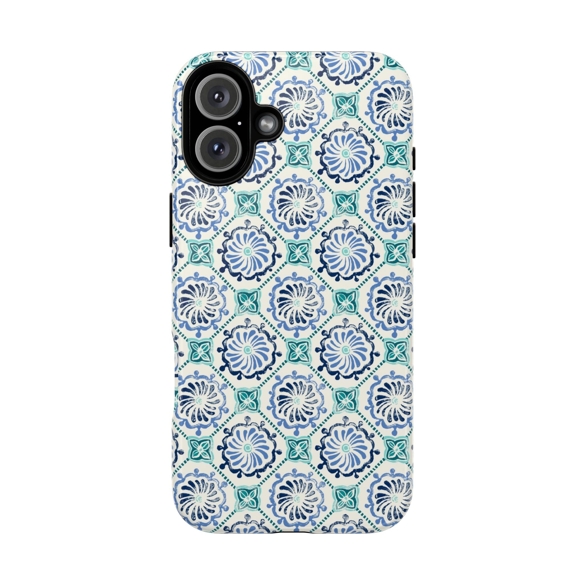Horizon Blue Tile Tough iPhone 16 Plus Case – Glossy | blue, turquoise, cream white dual-layer protection