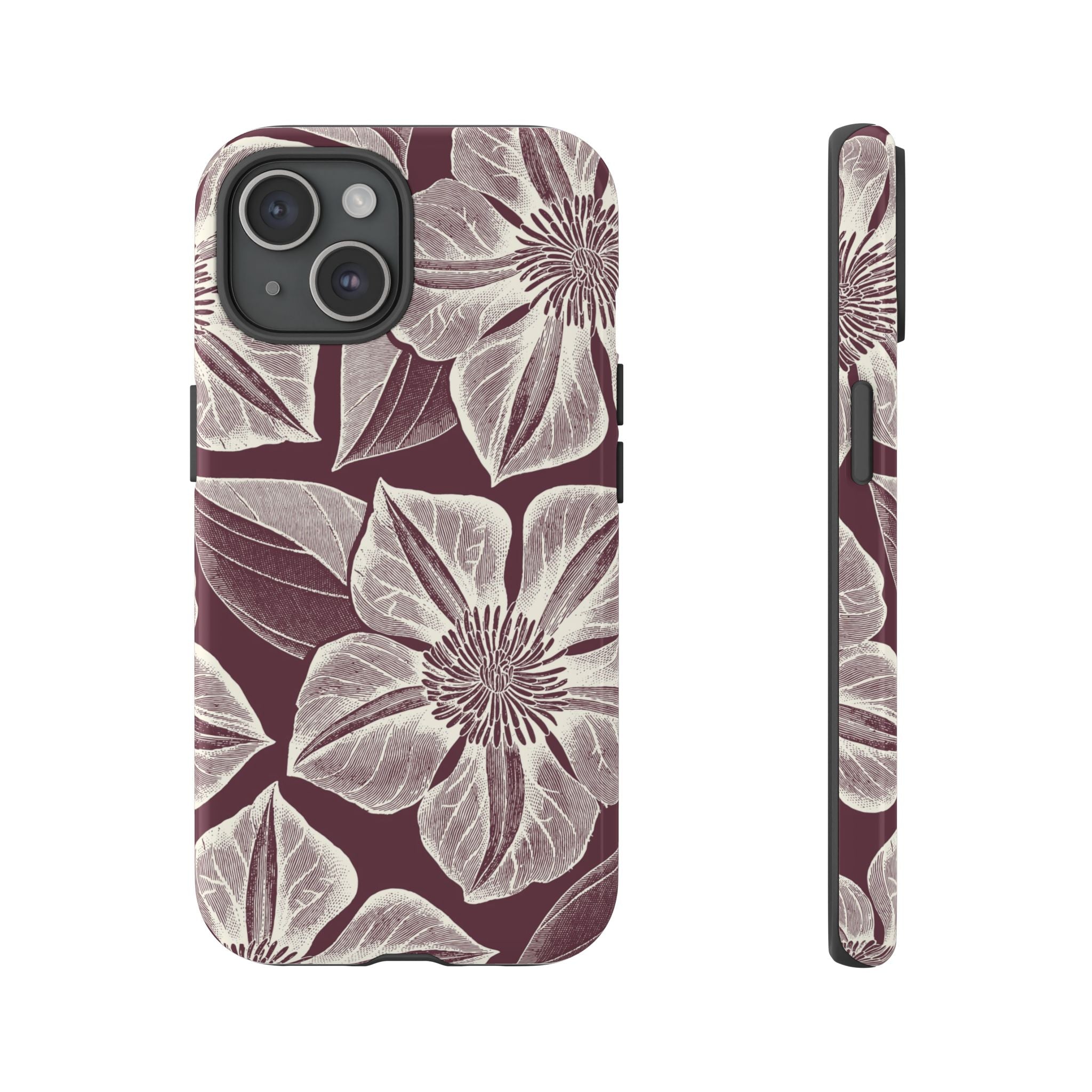 Vintage Bloom Burgundy iPhone 15 case – Glossy | burgundy ground, large-scale cream clematis print, engraved petal detail, dual-layer protection