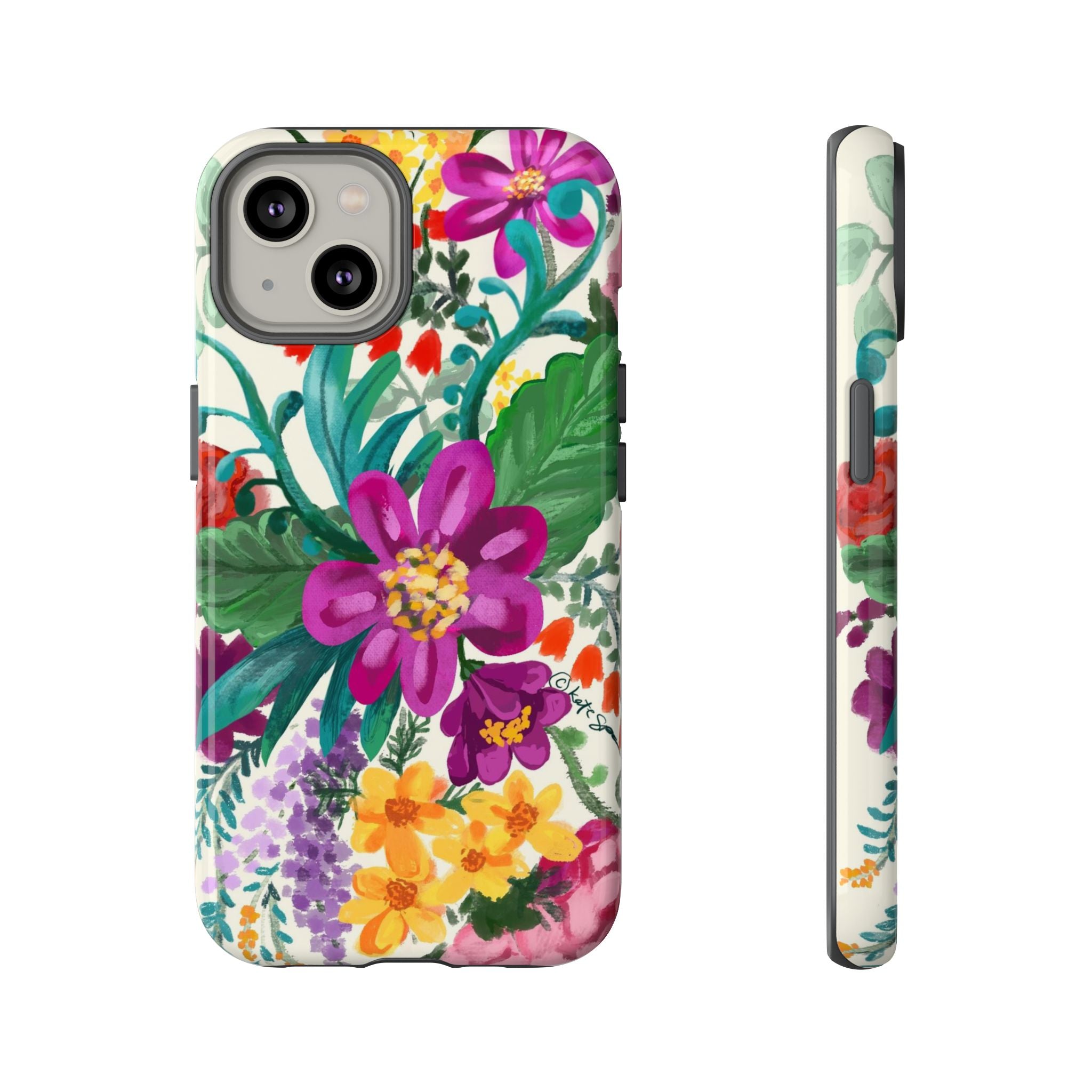 Posy Tough iPhone 14 Case – Glossy | cream, magenta, coral botanical floral print