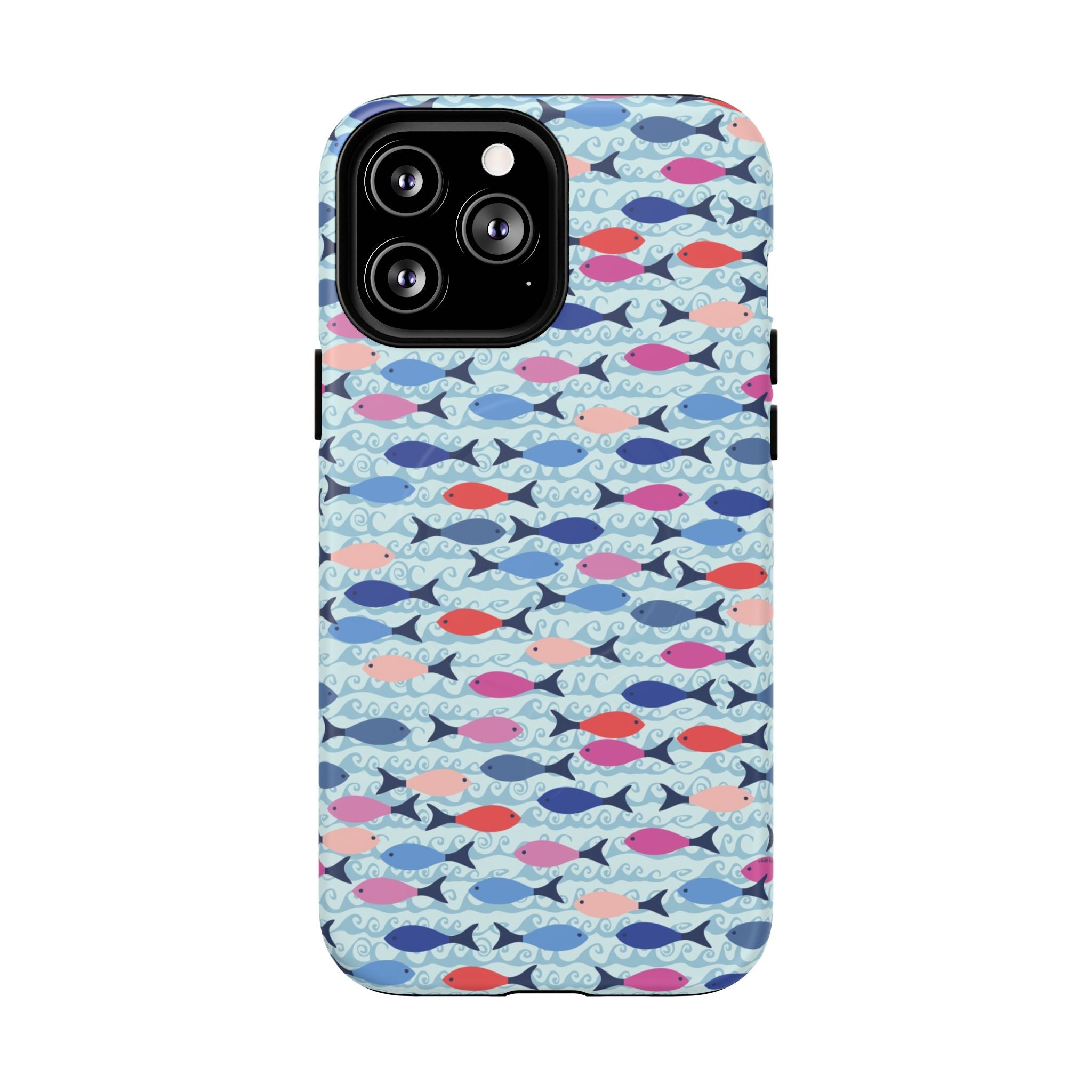 Summer Minnows MagSafe iPhone 13 Pro Max Case – Matte | navy, coral, pink, and periwinkle fish on a pale aqua ground