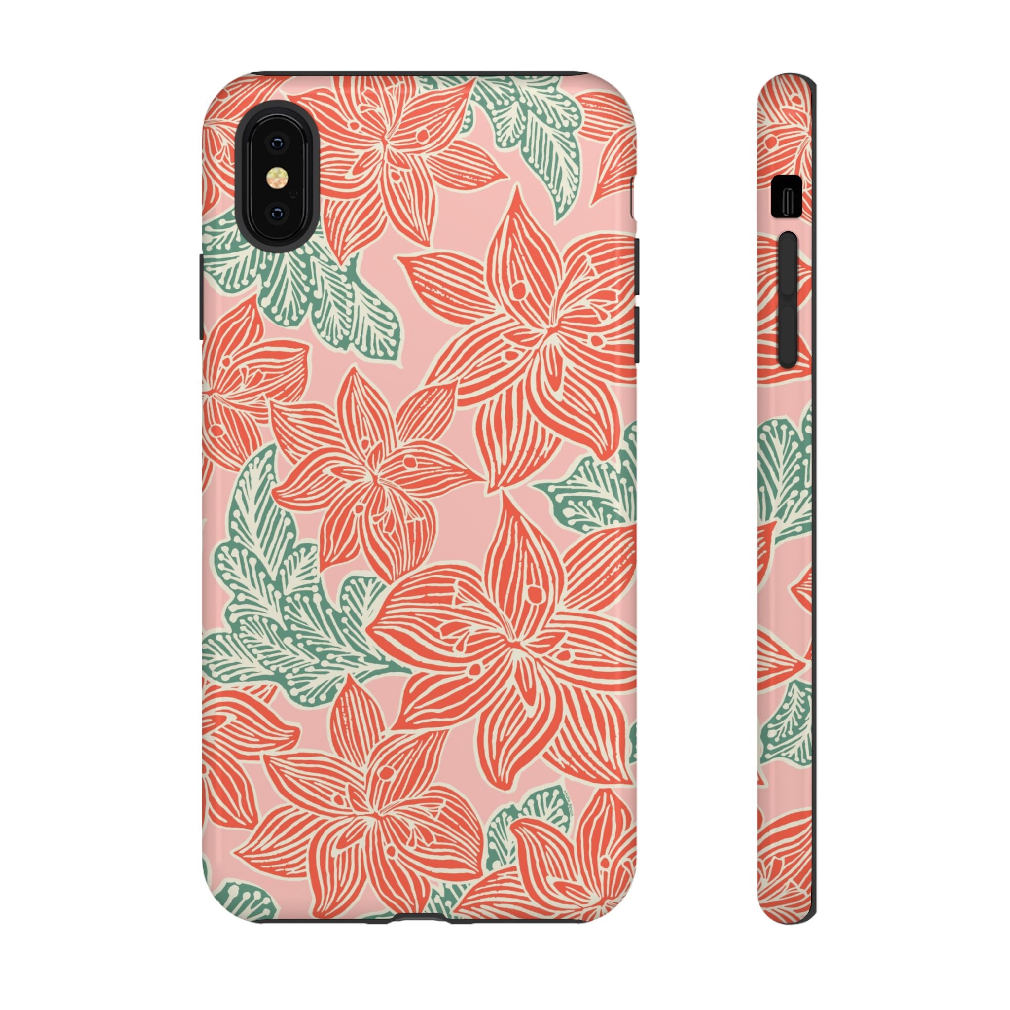 Hibiscus Coral iPhone XS Max Glossy Case — blush pink hard case with large-scale coral red hibiscus flowers and teal-green leaves in a bold botanical linework print, densely layered across the surface