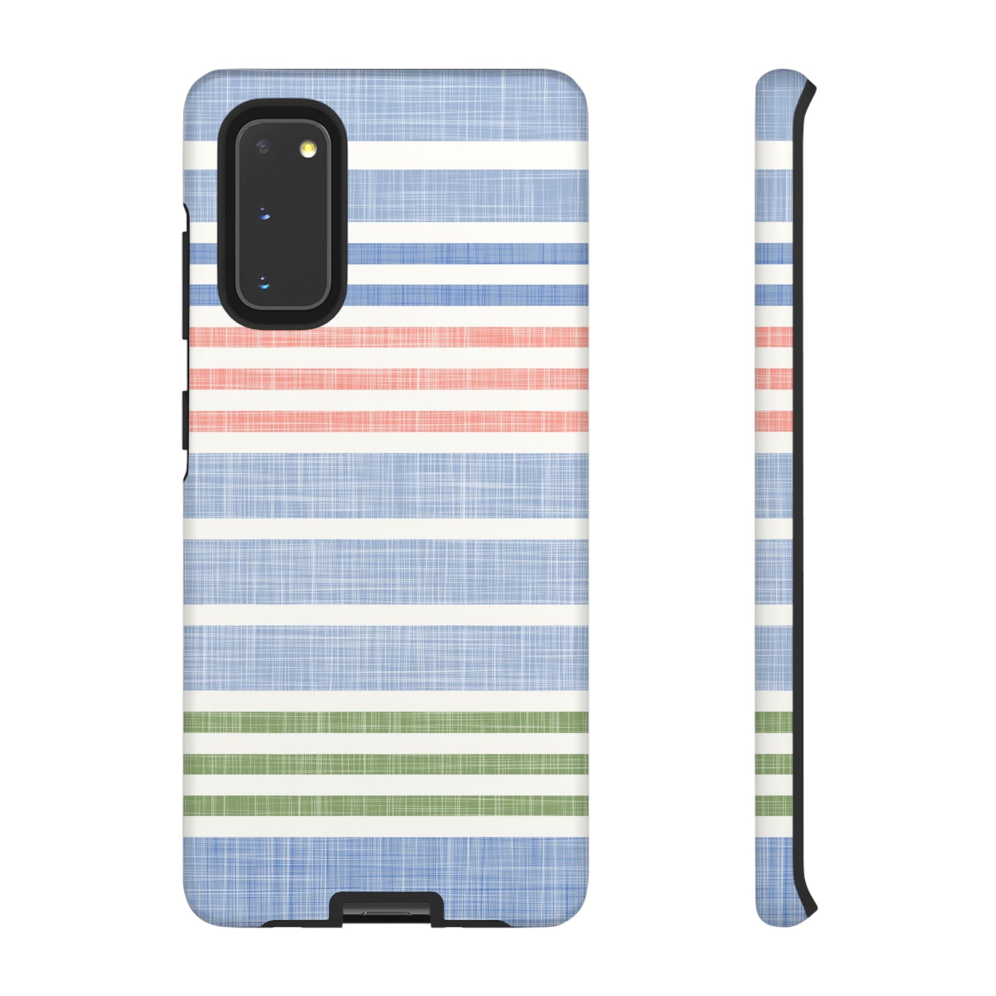 Cabana Stripe Pastel Samsung Galaxy S20 Case – Matte | soft blue, coral, sage green chambray-textured stripe print dual-layer protection