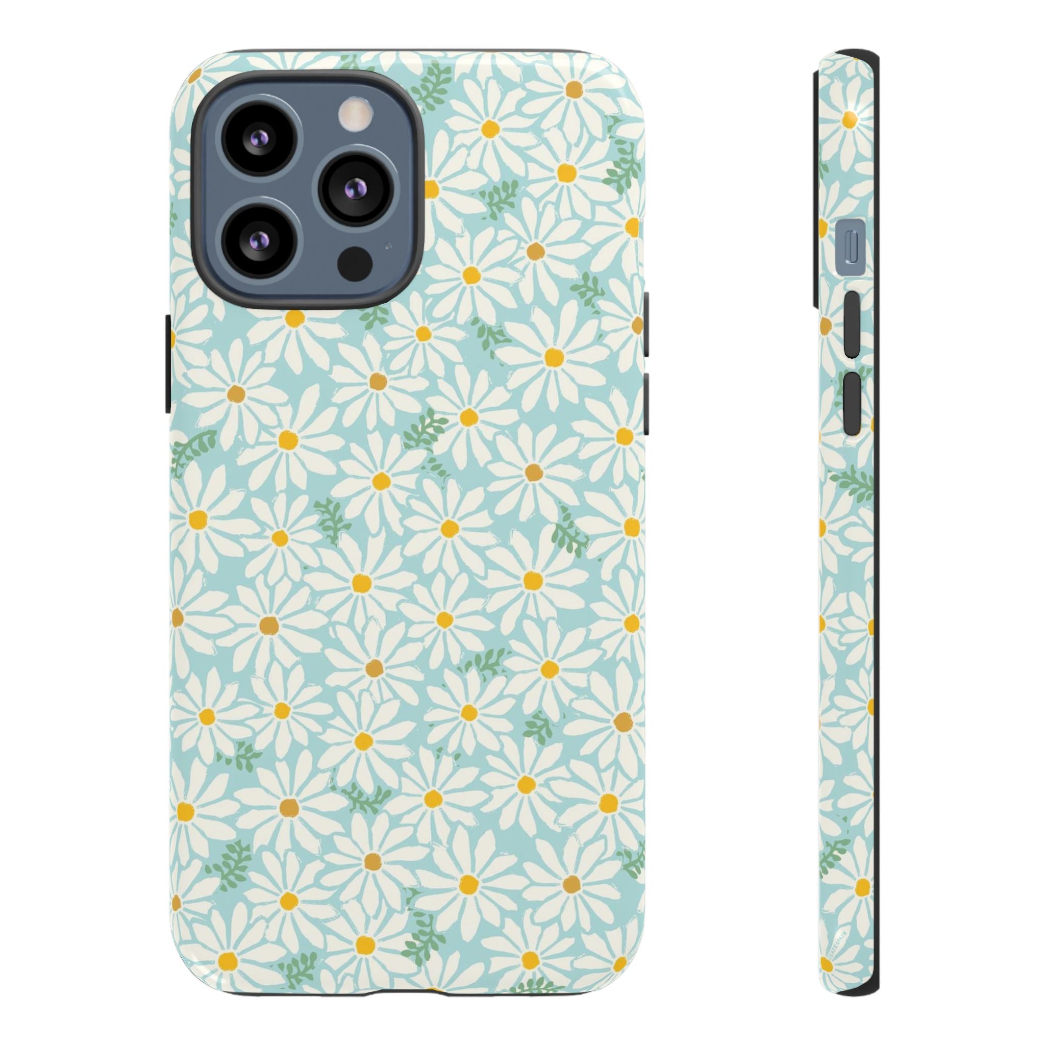 Daisies Tough iPhone 13 Pro Max Case – Glossy | sky blue, white daisy print, golden yellow centers, mint green leaves dual-layer protection