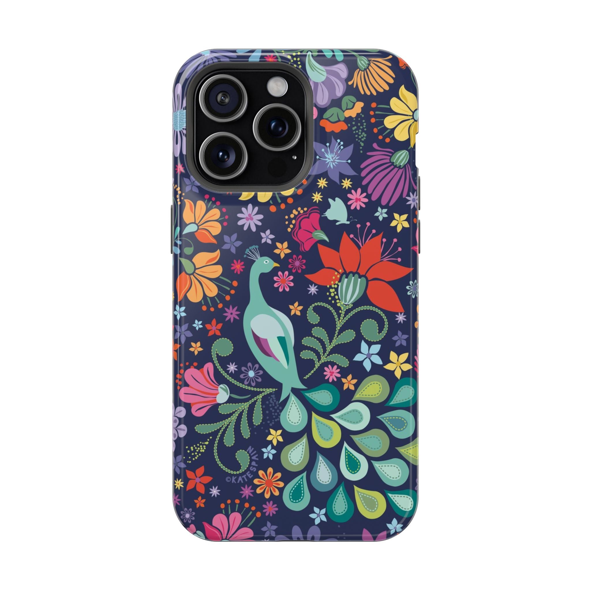 Peacock Sanctuary MagSafe iPhone 15 Pro Max Case – Glossy | navy, teal, ivory peacock botanical print MagSafe compatible, dual-layer protection
