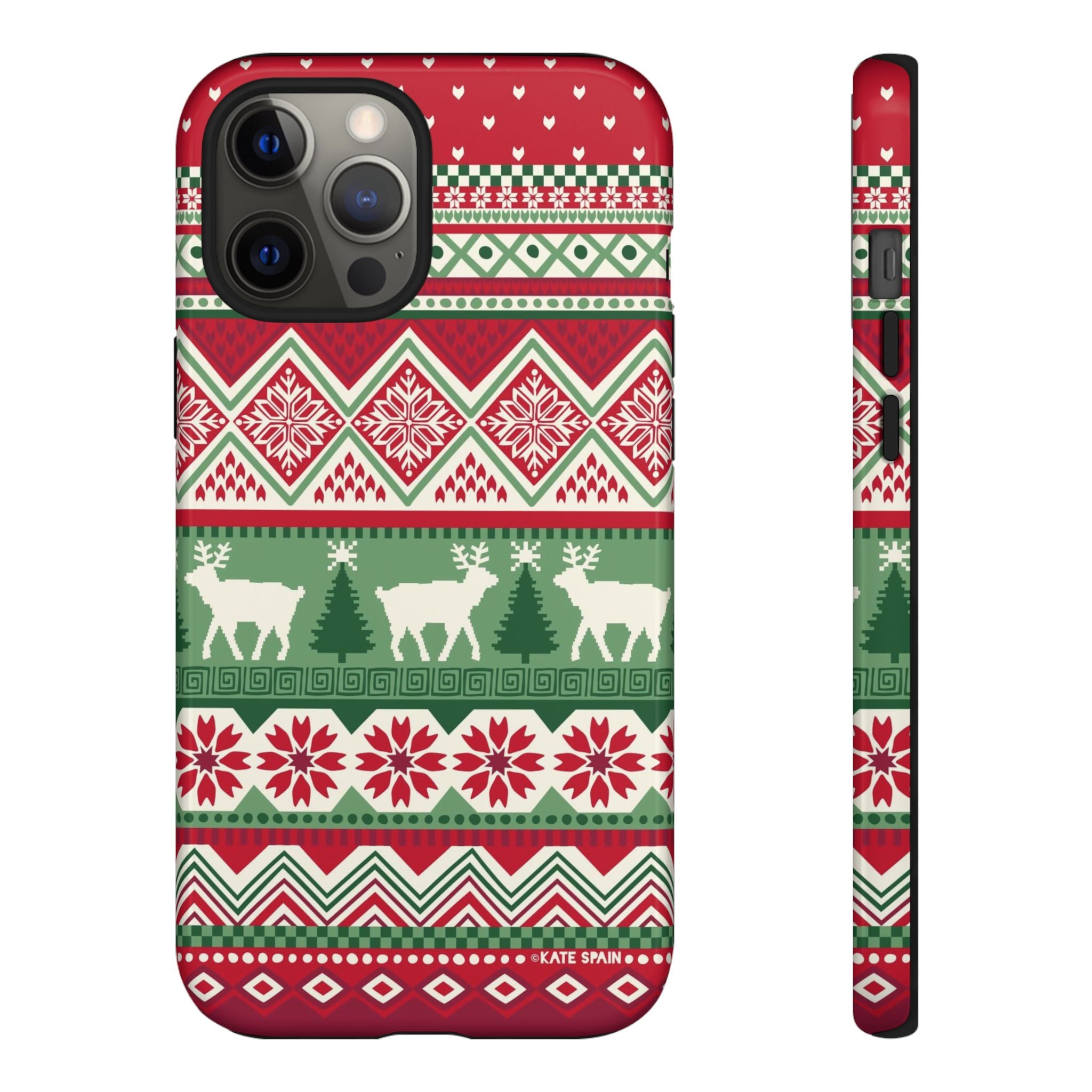 Telemark Tough iPhone 12 Pro Max Case – Glossy | red, green, cream fair isle reindeer Nordic print