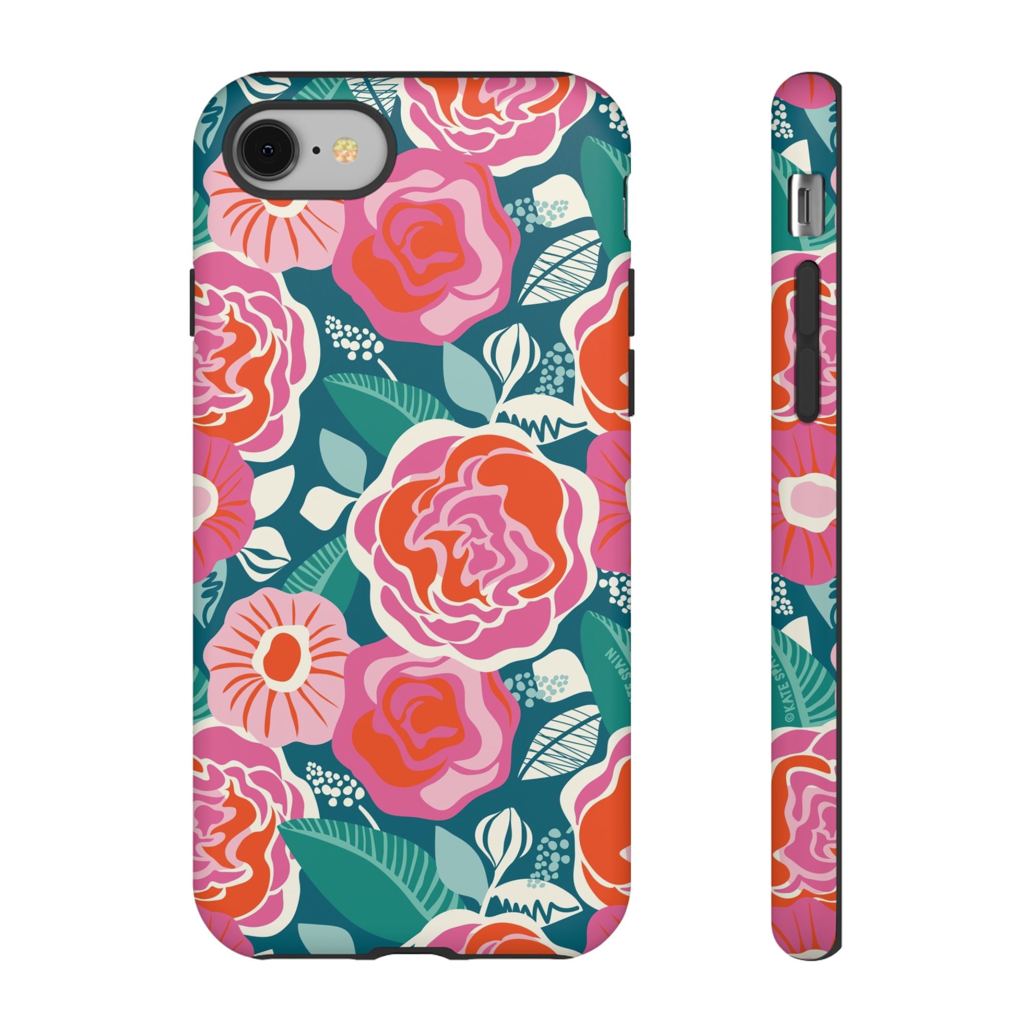 Tea Rose Teal Tough iPhone 8 Case – Matte | teal, coral, pink botanical rose floral print