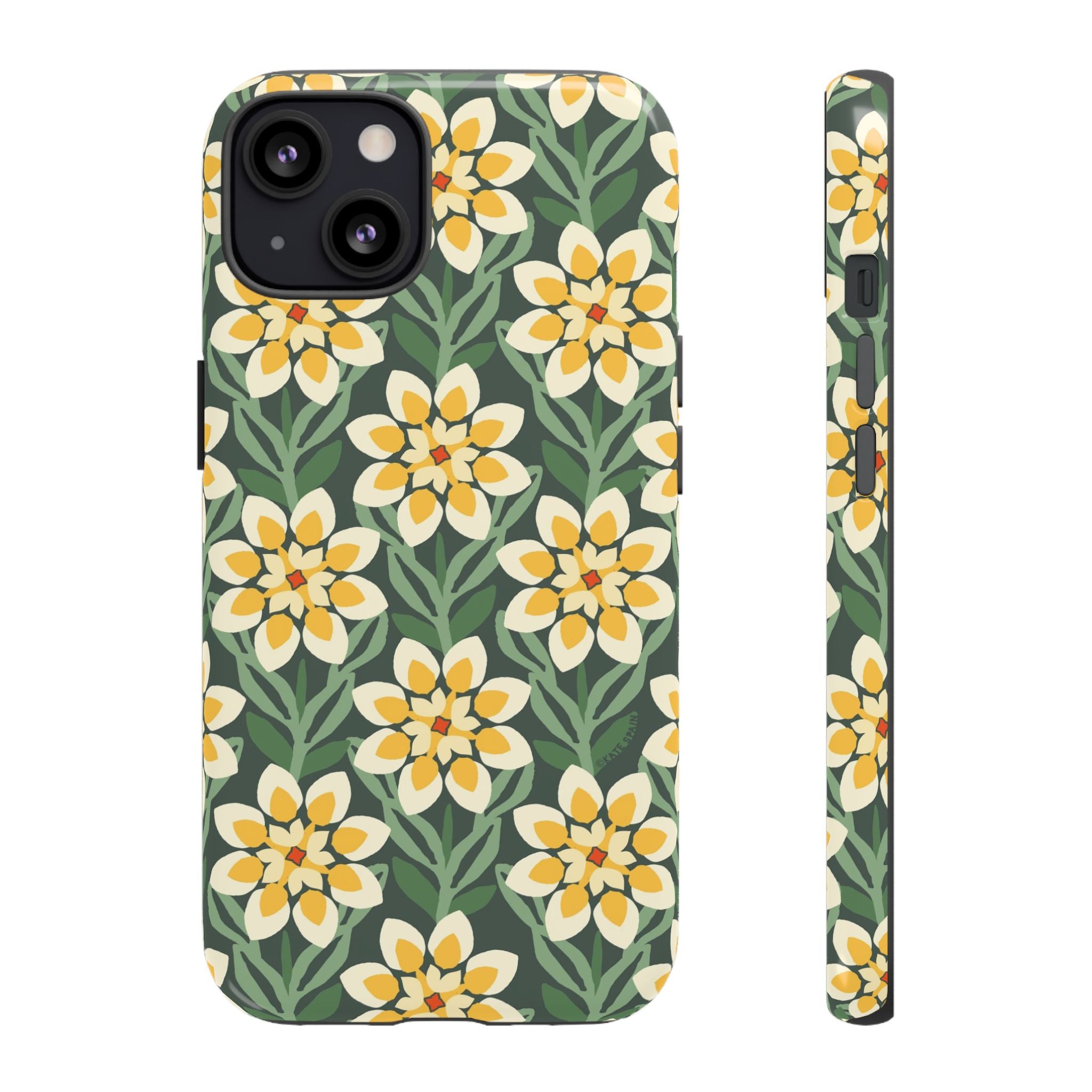 Designer Modern Dahlia Tough iPhone 13 Case – Glossy | yellow, cream, green dahlia floral print