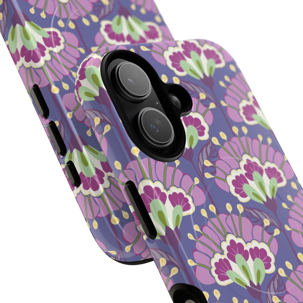 Lantern Flower MagSafe iPhone 17 Case – Glossy | periwinkle, purple, mauve, sage botanical lantern floral print | angled view closeup of camera cutout and buttons