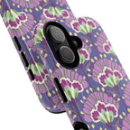 Lantern Flower MagSafe iPhone 17 Case – Glossy | periwinkle, purple, mauve, sage botanical lantern floral print | angled view closeup of camera cutout and buttons